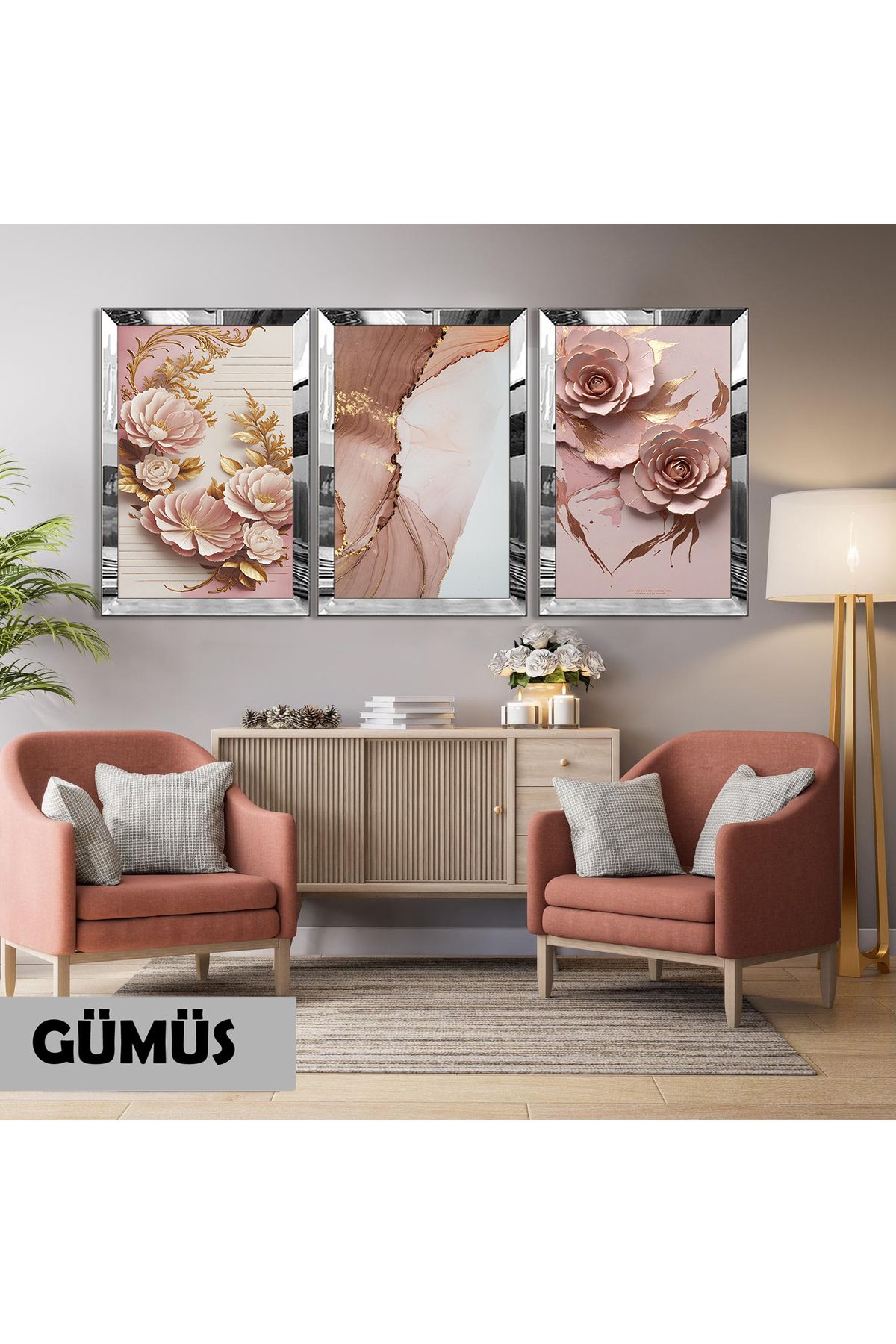 Harikabirev HARİKABİREV|PEMBE GOLD ÇİÇEKLİ SOYUT KOMBİN(GARDENYA) |PLEKSİ ÇERÇEVELİ MDF PLKSMDF