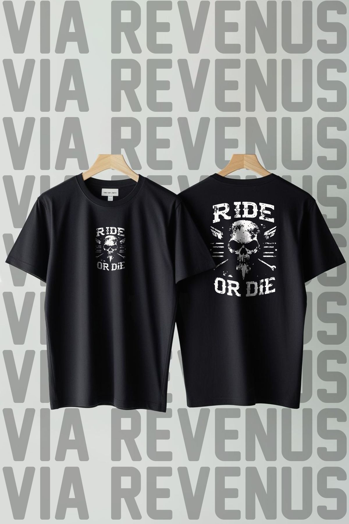 Vordevia Ride or Die / Motorcu Ön ve Arka Baskılı Geniş Kalıp Unisex Bisiklet Yaka Tshirt