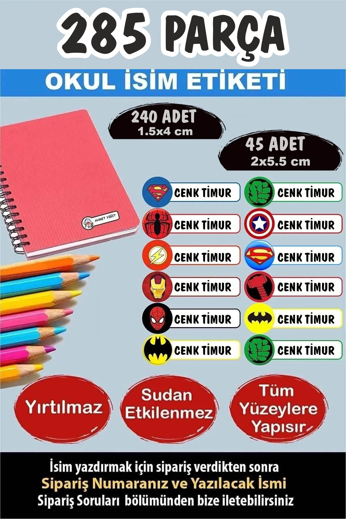 KT Decor Okul Etiketi Kalem Defter Etiketi Özel Isimli Etiket Yenilmezler 12 Figür 285 Parça