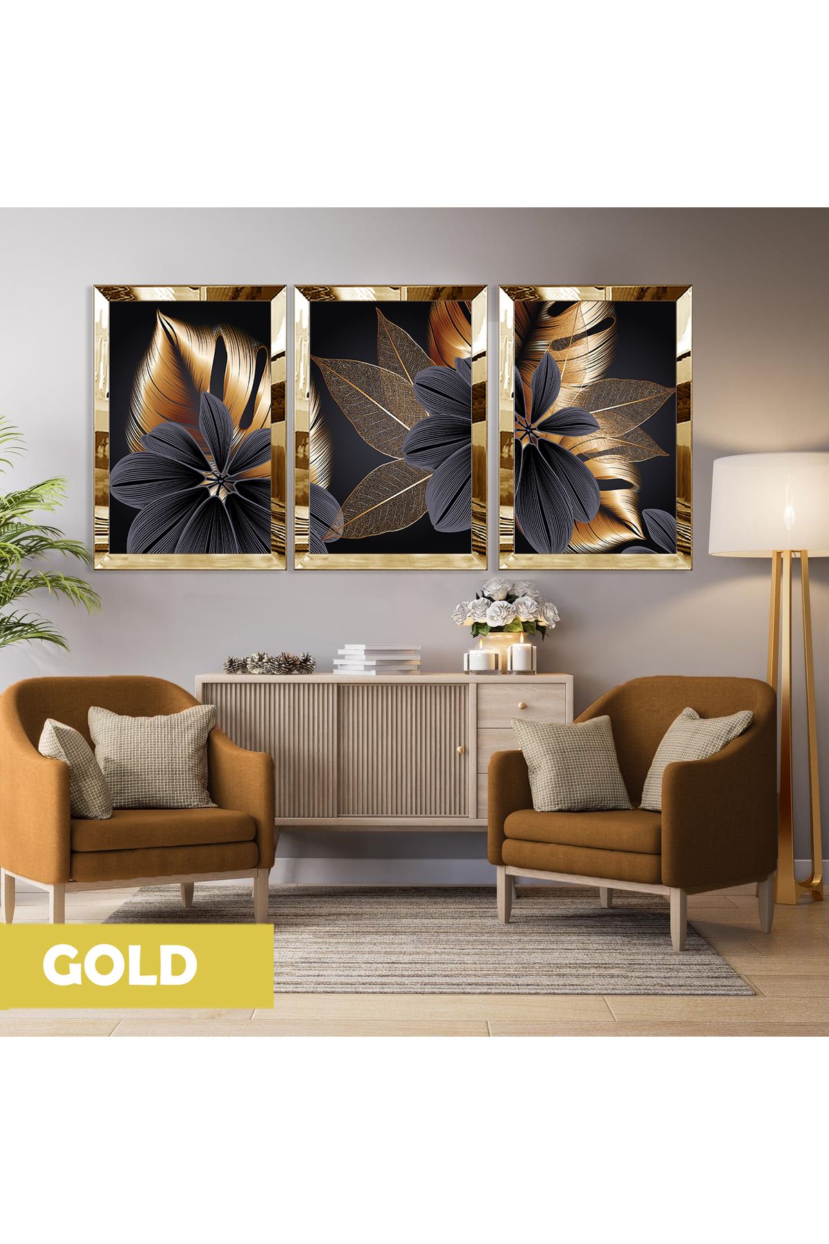 Harikabirev HARİKABİREV|SİYAH-GOLD ÇİÇEK KOMBİNİ(FLORA) |PLEKSİ ÇERÇEVELİ MDF PLKSMDF