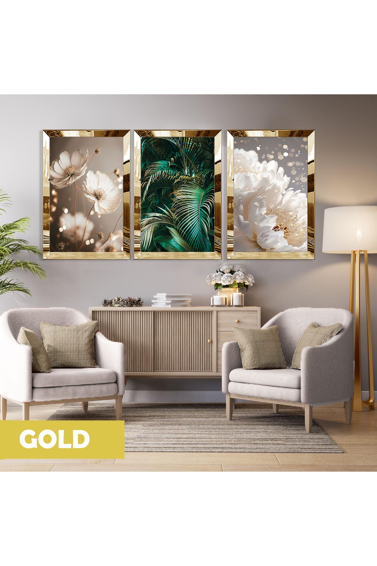 Harikabirev HARİKABİREV|YEŞİL-GOLD YAPRAKLI ÇİÇEK KOMBİNİ |PLEKSİ ÇERÇEVELİ MDF PLKSMDF