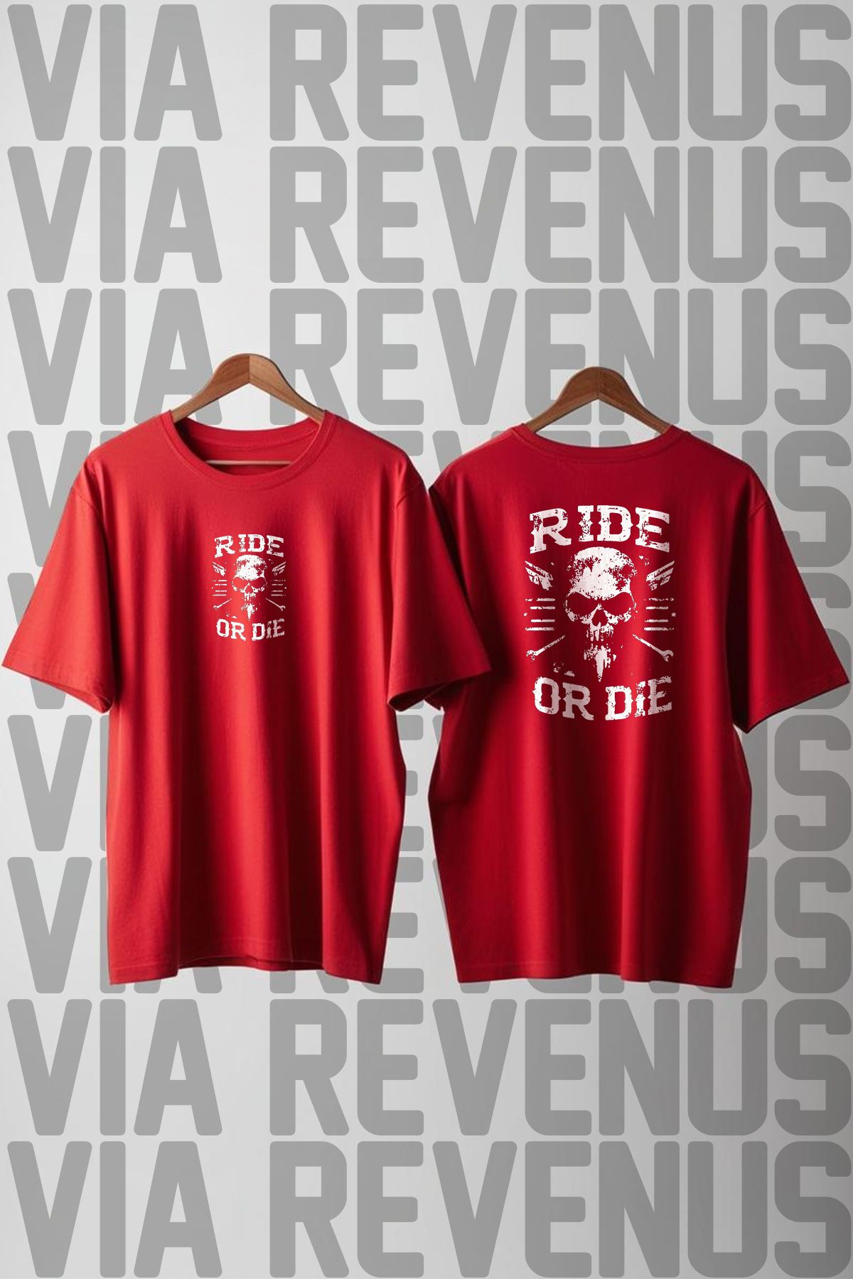 Vordevia Ride or Die / Motorcu Ön ve Arka Baskılı Geniş Kalıp Unisex Bisiklet Yaka Tshirt