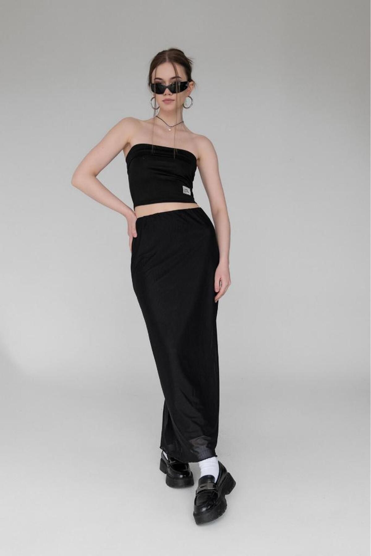 bases. Desenli Tül Fitted Maxi Etek