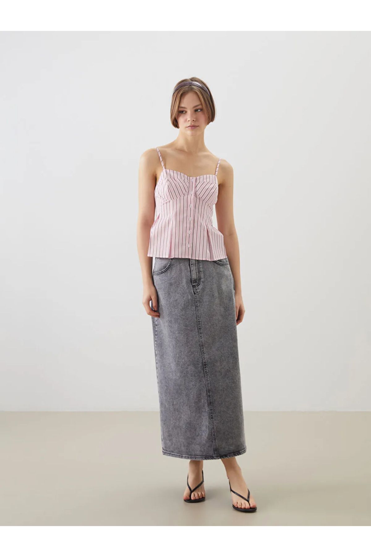 LC Waikiki XSIDE Pembe Kalp Yaka Çizgili Pileli Poplin Bluz
