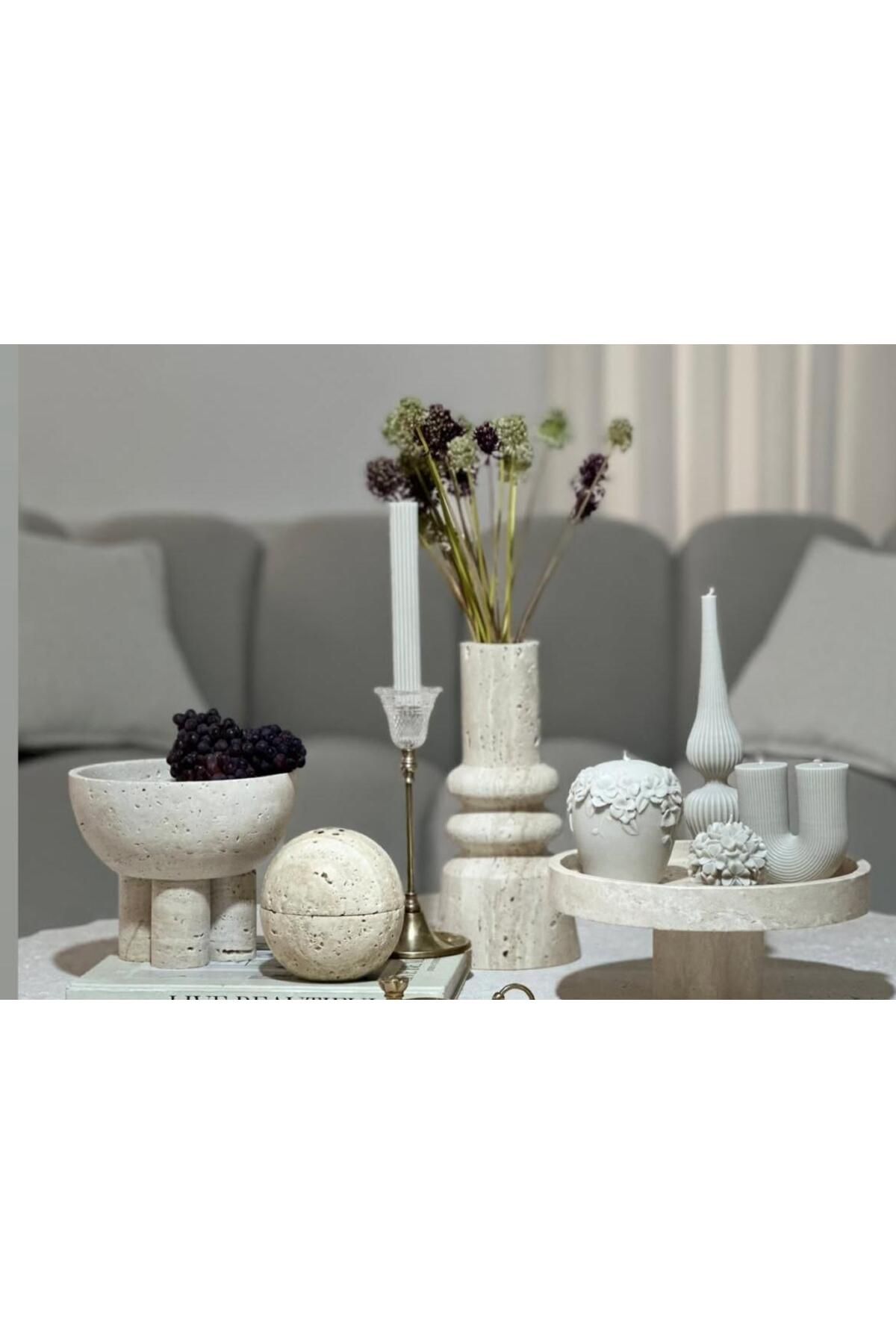 SCA CANDLE Dekoratif Mum u model +Gül+Çizgili Şamdan +Gül Açık Gri toplam 4 parça