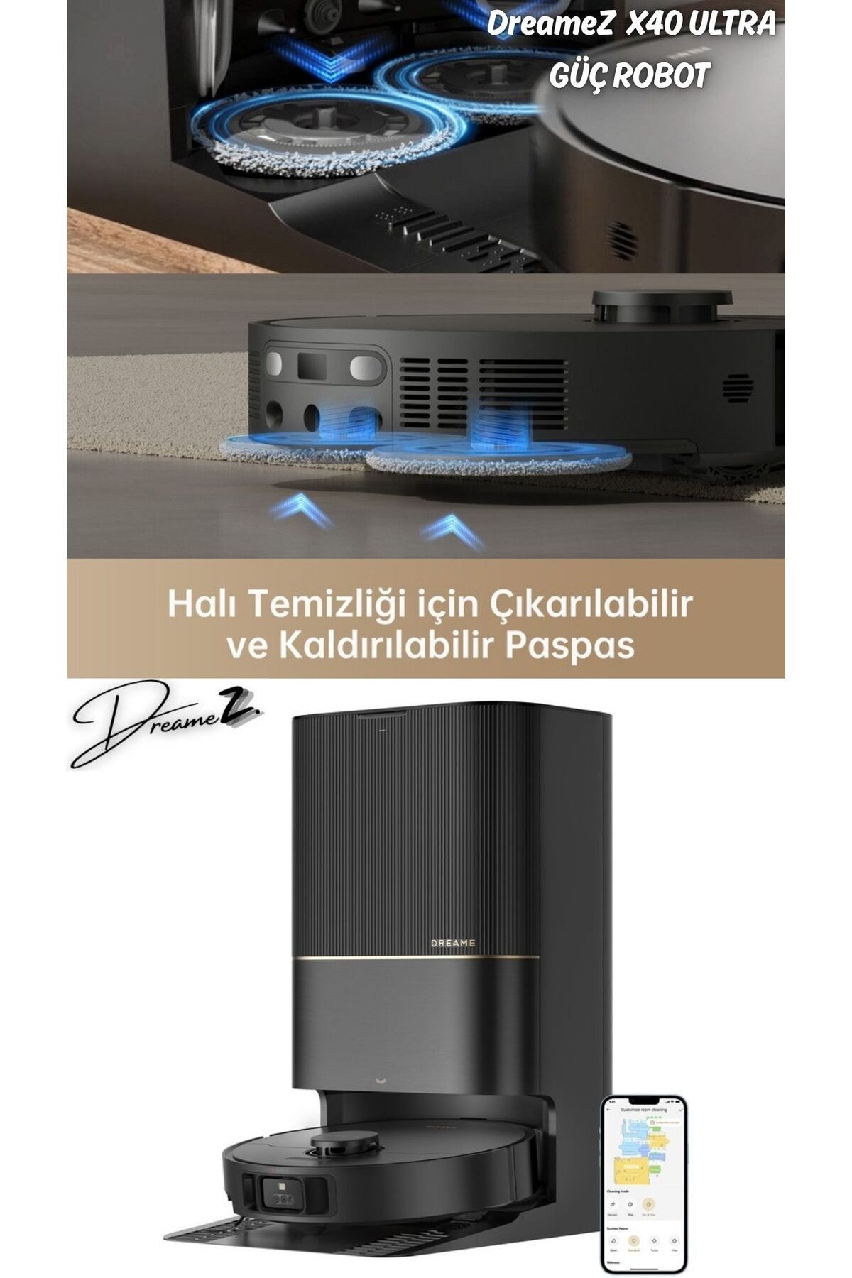 Dreame Drmz 12.000 Pa,Vaccum Wett&Dry Ultra Sınırsız Erişim Kusursuz Temizlik Robot Süpürge Roboswing,Siyah