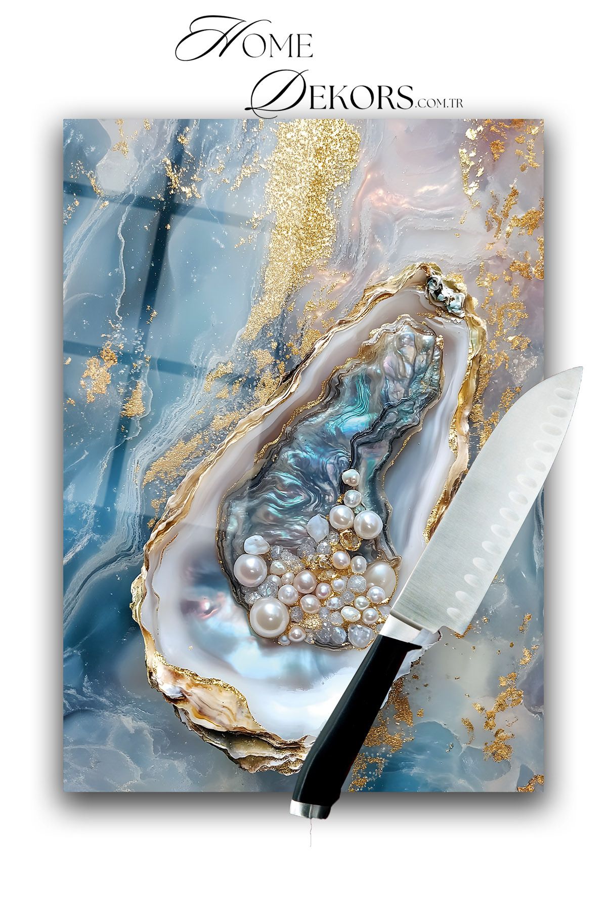 home dekors Cam Kesme Tahtası Doğrama Tablası Deniz Kabuğu ve Beyaz İnciler Çeyizlik Hediyelik 35x25 cm