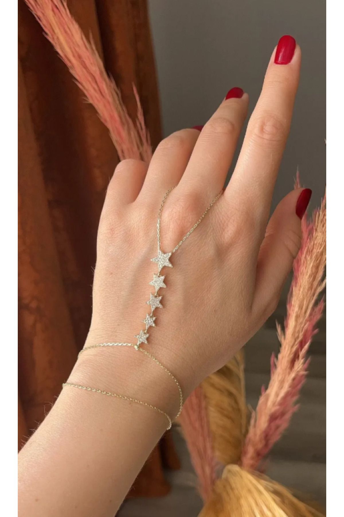Ervalina Altın Renk Zirkon Taşlı Yıldız Model Pirinç Şahmeran