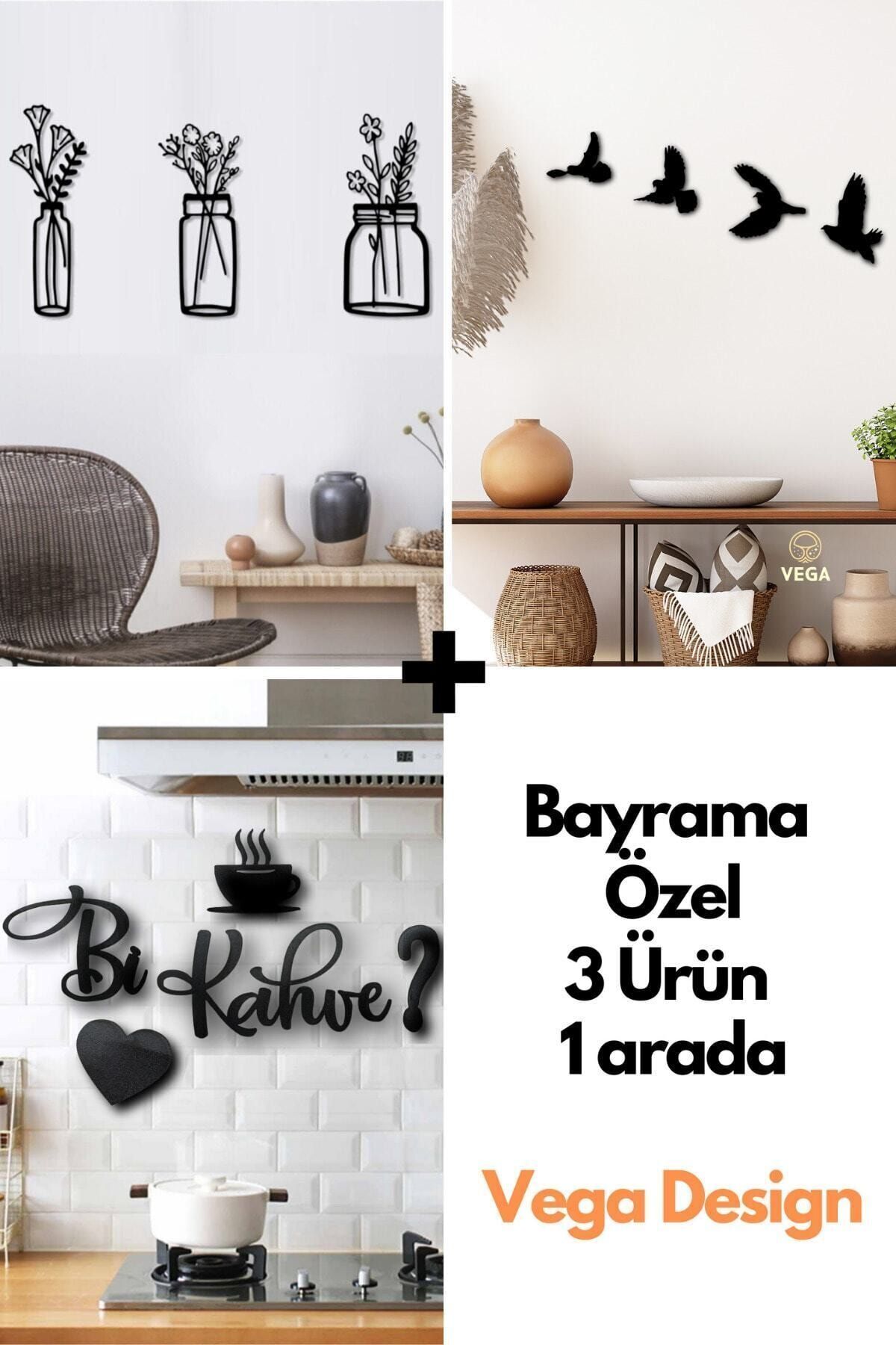 Saatistan 3 Parça Saksı, Kahve Bardak ve Kuş Duvar Dekoru Seti Siyah