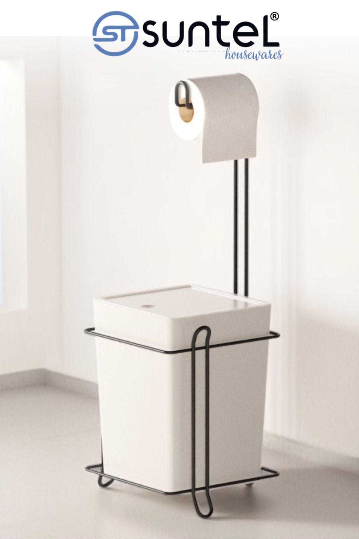 teknotrust Banyo ve mutfak için şık metal standlı çöp kovası ve tuvalet kağıtlık seti