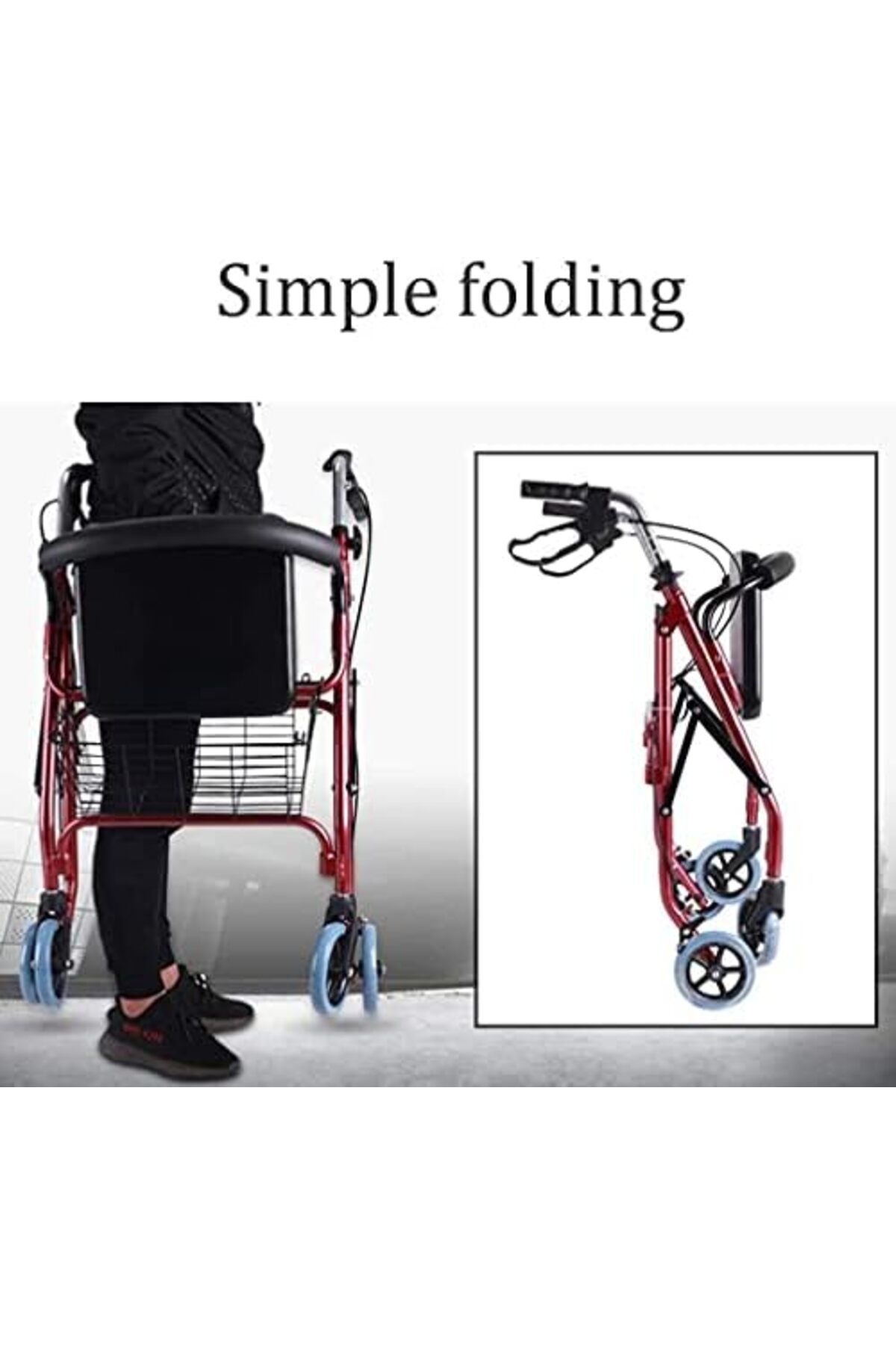 genri-Foldable Walker with 4 Wheels, Dual Brake System, Rotating Medical Walker with Basket for Elderly, 8 3