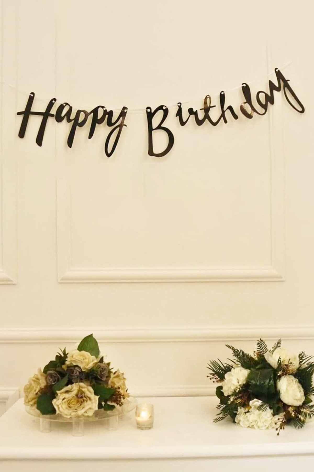 Atölye Mi Siyah Happy Birthday El Yazısı Kaligrafi Banner Doğum Günü Duvar Süsü