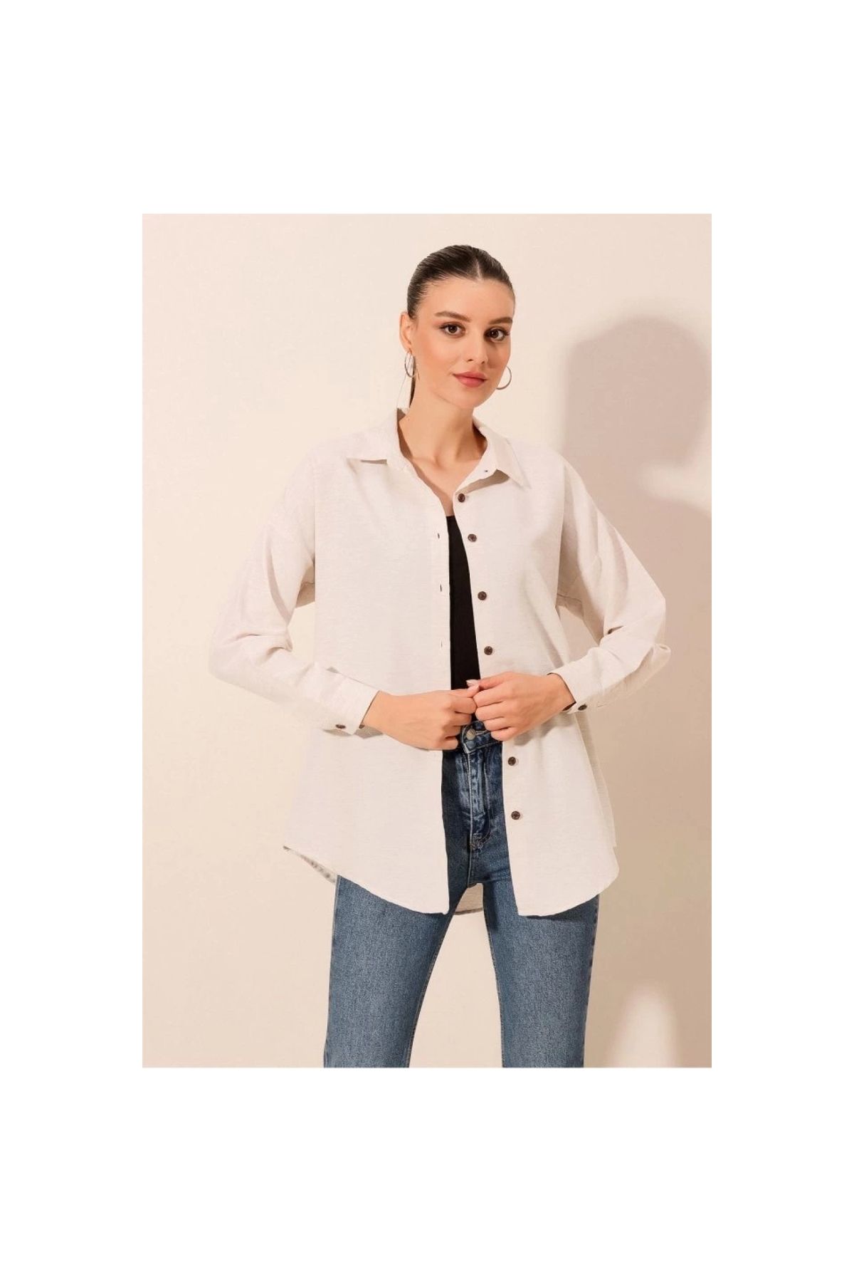 Marsilyan - Krem Düz Oversize Uzun Basic Gömlek 3900