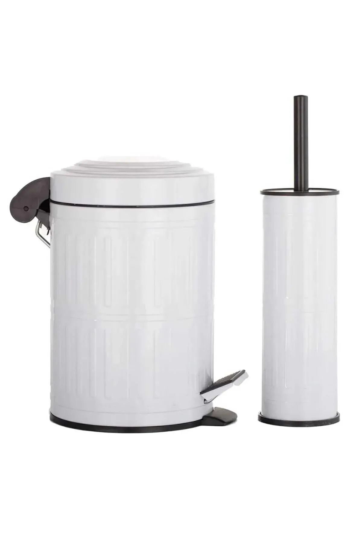 teknotrust Şık 2'li Çöp Kutusu ve WC Fırçası Seti, Beyaz, 5 Litre, Çizgili Tasarım