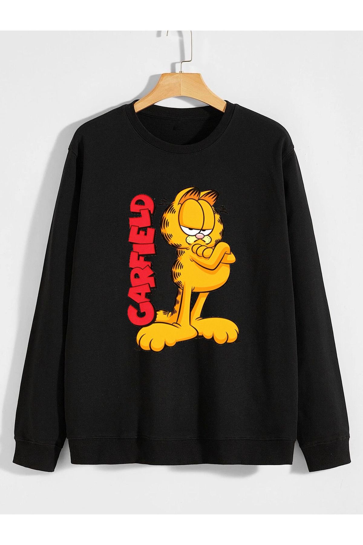 karikatürstore kedi garfield çizgi film baskılı 0 yaka (bisiklet yaka) sweatshirt