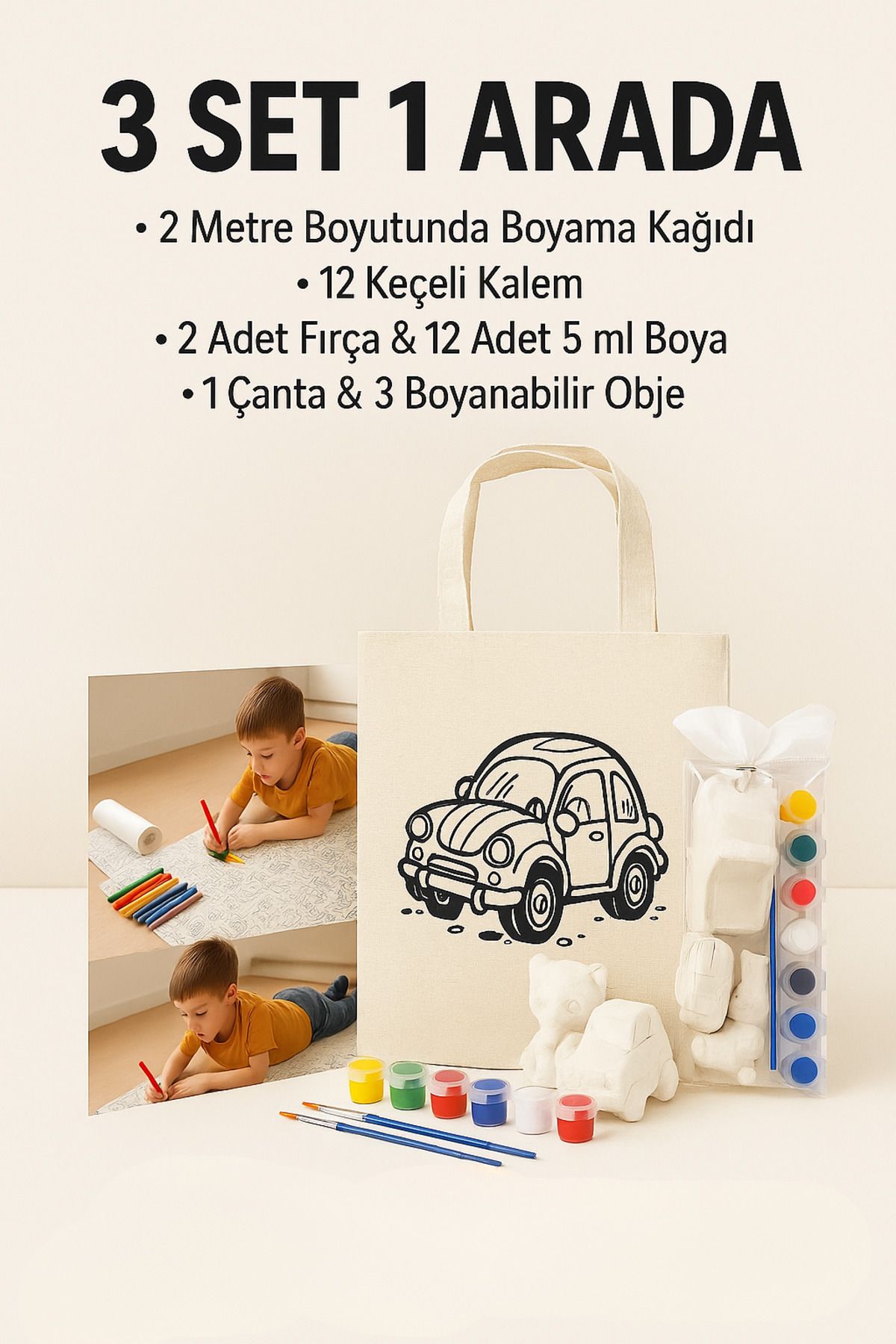 WeSank 3’lü Eğlenceli Boyama Seti - 2 Metre Rulo Boyama Kağıdı + Bez Çanta+ Boyanabilir Obje Seti