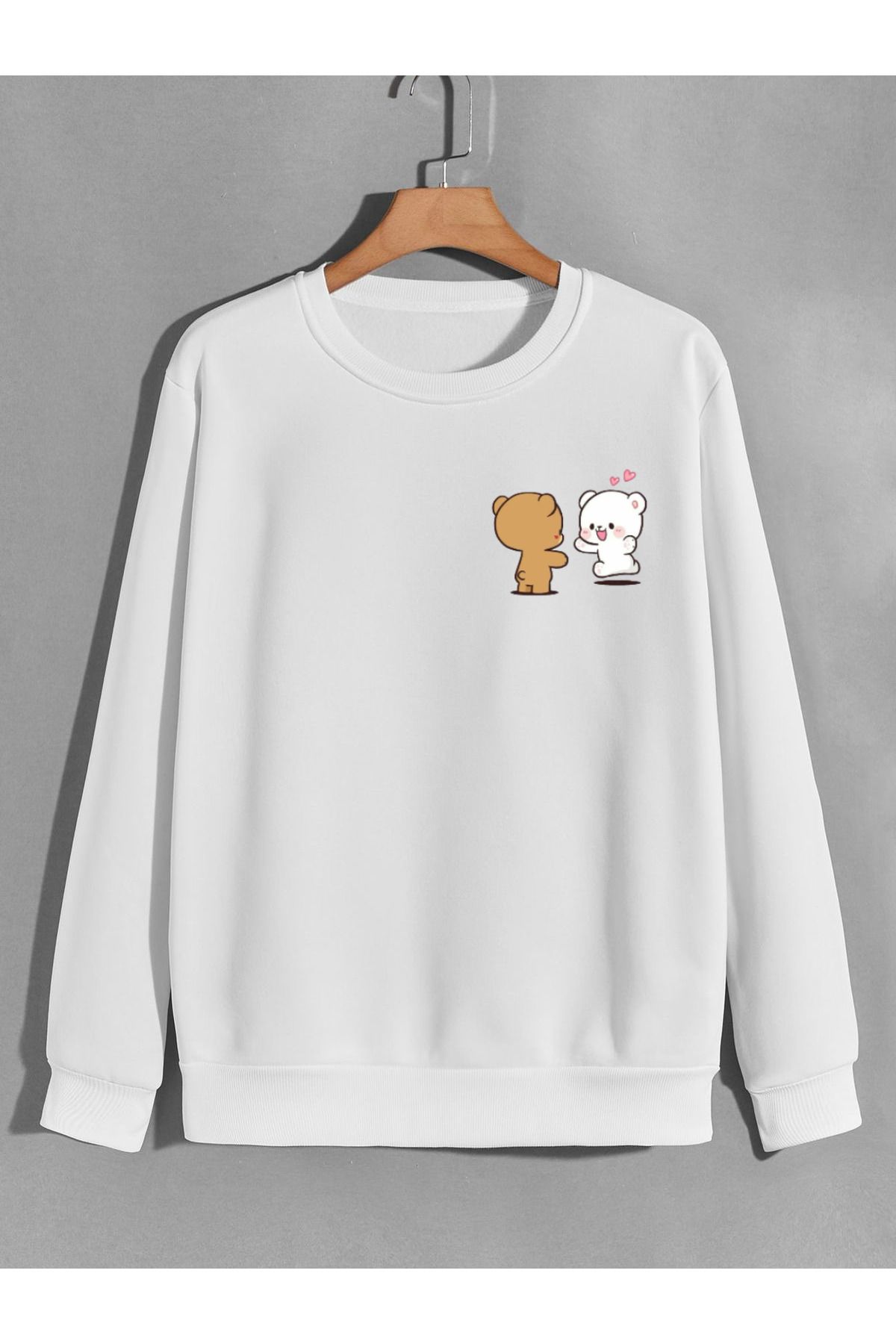 karikatürstore sevimli ayıcık sevgililer baskılı 0 yaka (bisiklet yaka) sweatshirt