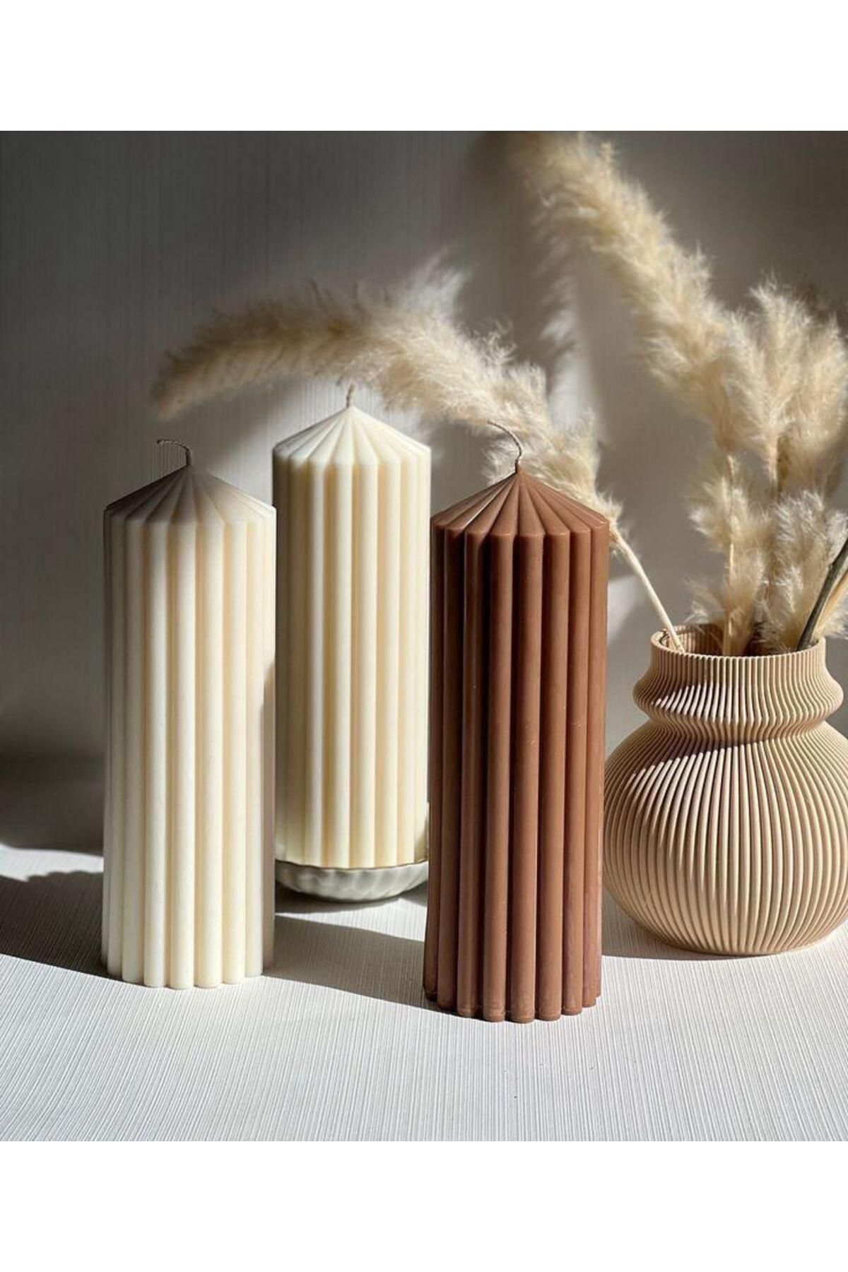 SCA CANDLE Dekoratif mum çokgen 20 Cm Kırık Beyaz +Kahve Renk toplam 3 paraç