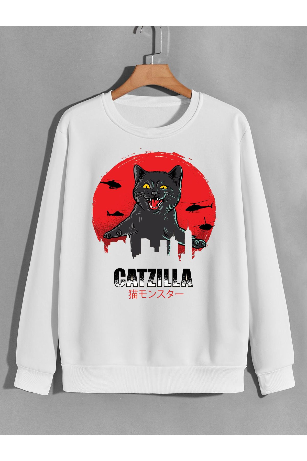 karikatürstore catzilla kedizilla ali baskılı 0 yaka (bisiklet yaka) sweatshirt