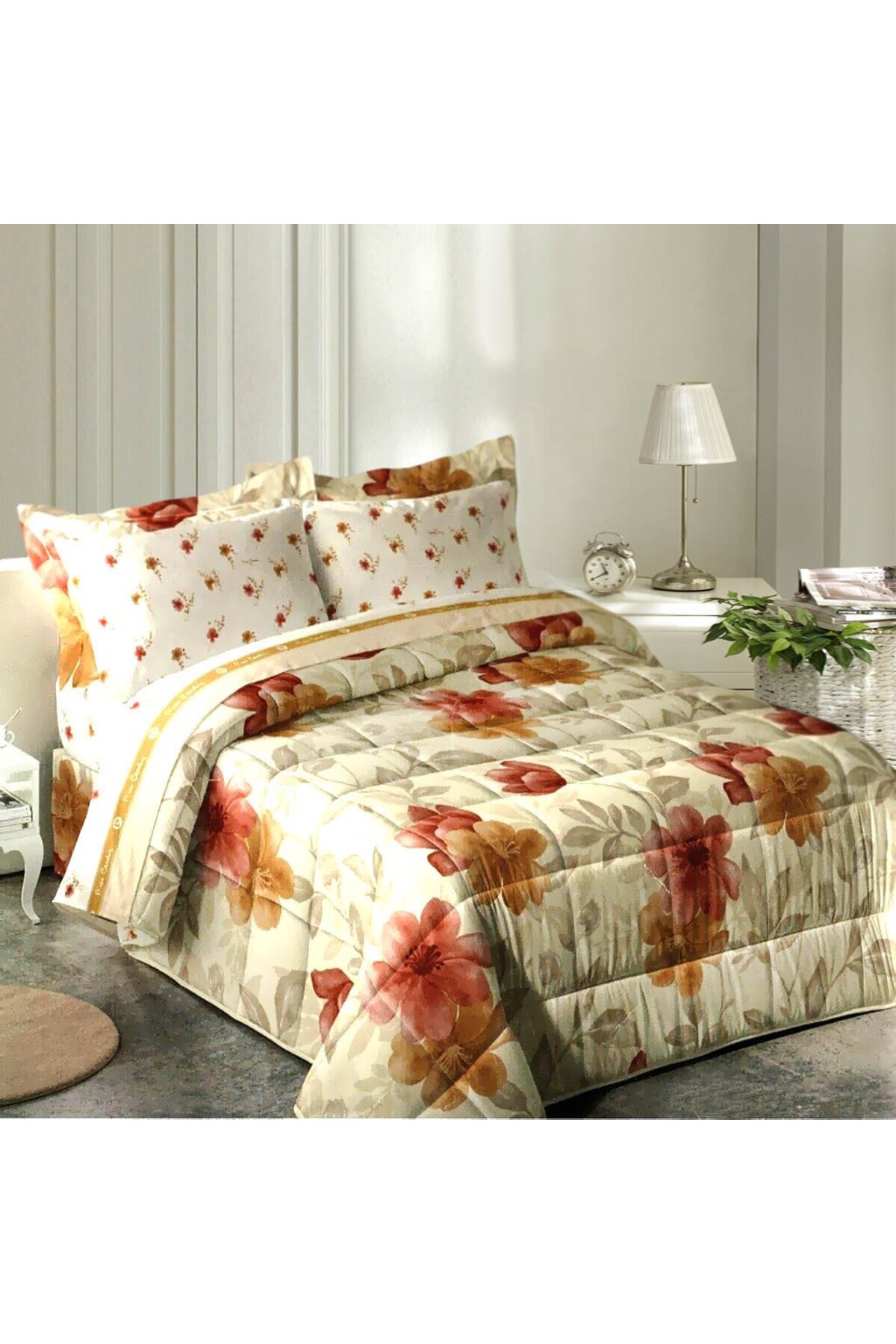 Pierre Cardin-Loira Luxury Beige Duvet Set with Red Flowers Single 6 Piece Set 1