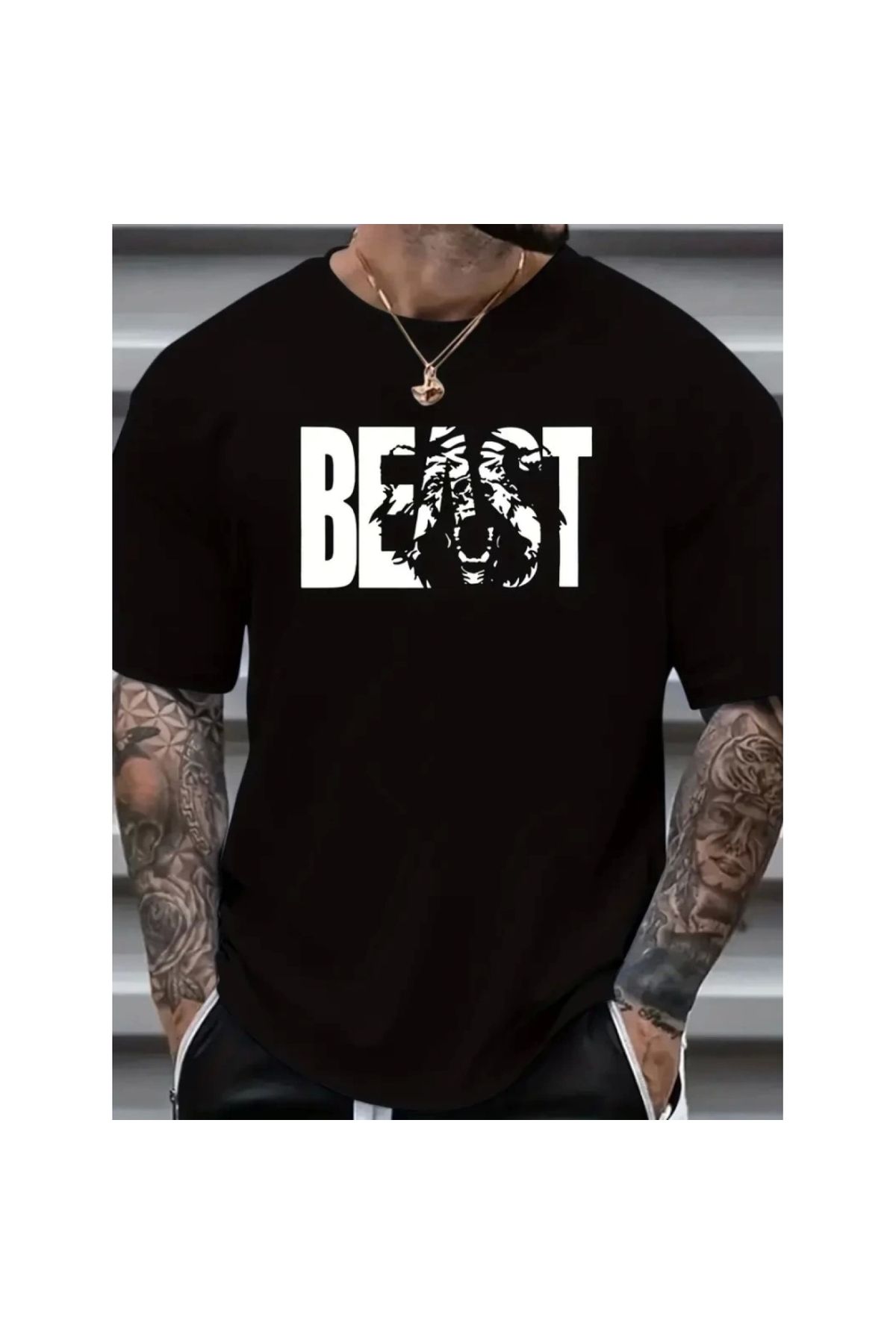 Marsilyan - Baskılı Oversize Bisiklet Yaka Tshirt Siyah