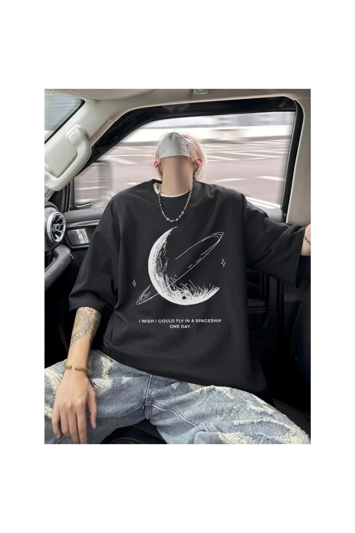 Marsilyan - Baskılı Oversize Bisiklet Yaka Tshirt