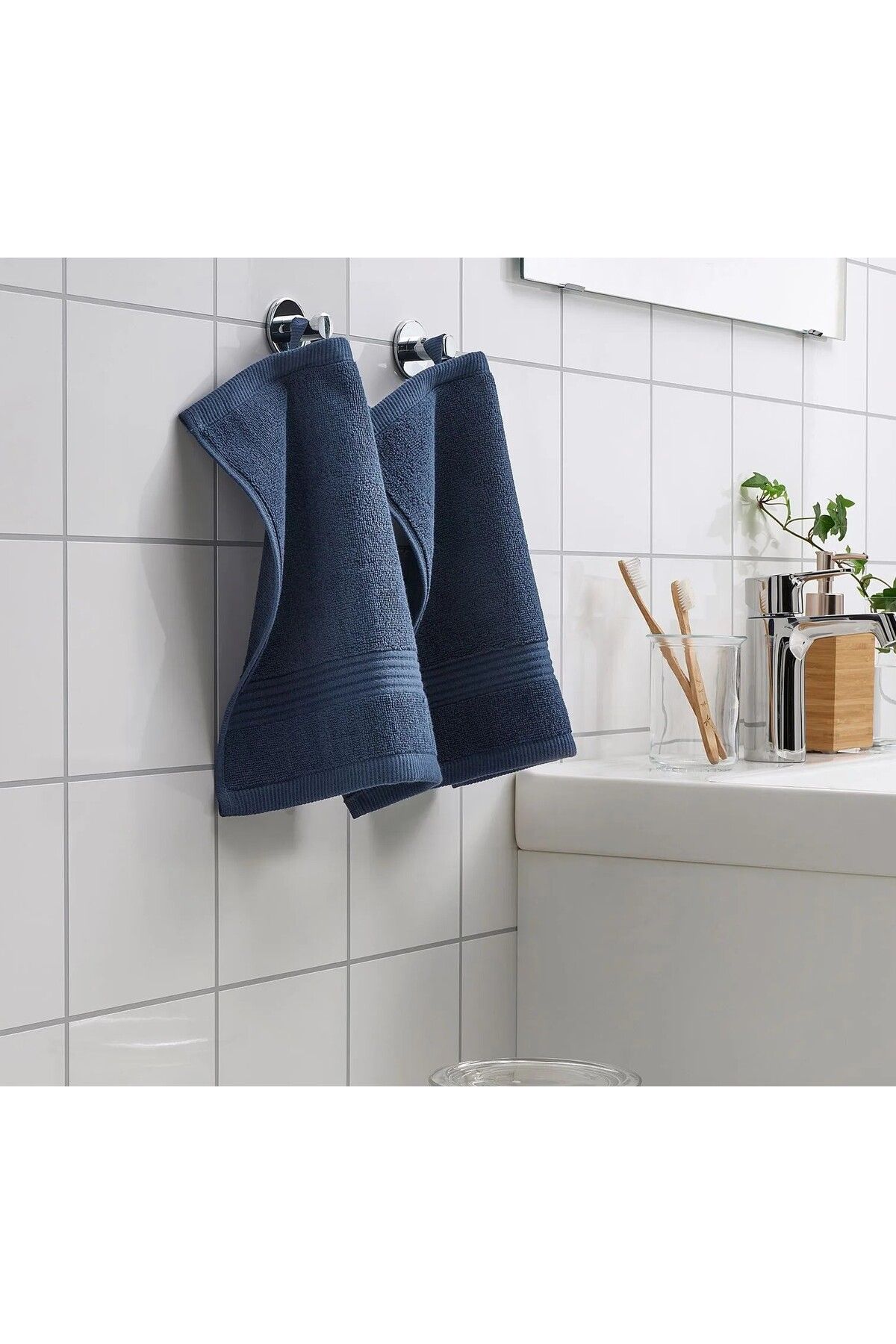 IKEA QUİCK 3 Adet Çizgili Havlu 30x30 Cm İkea 3'lü Set Askılı Banyo Havlusu Koyu Mavi El Yüz Havlusu