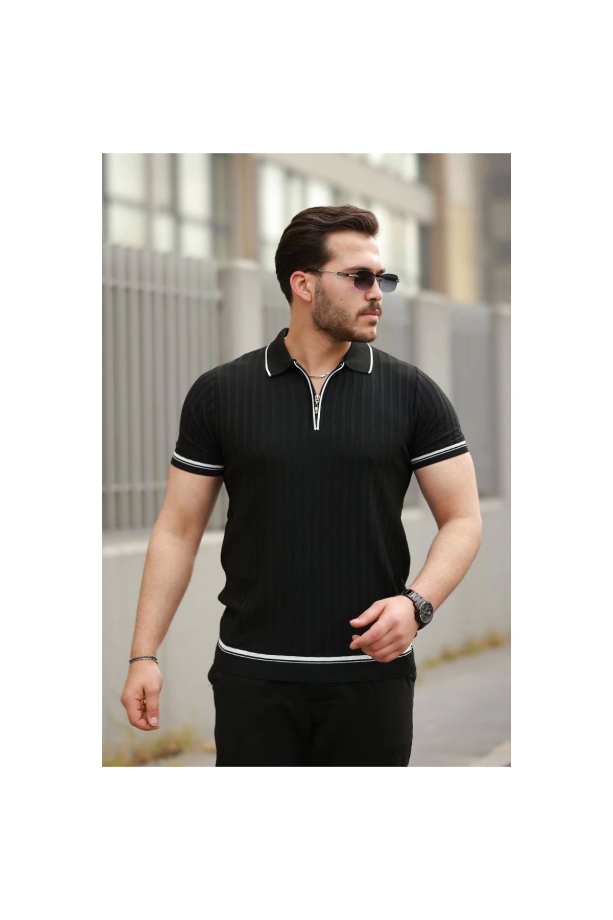 Marsilyan - Erkek Fermuarlı Yakalı Kısa Kollu Tshirt