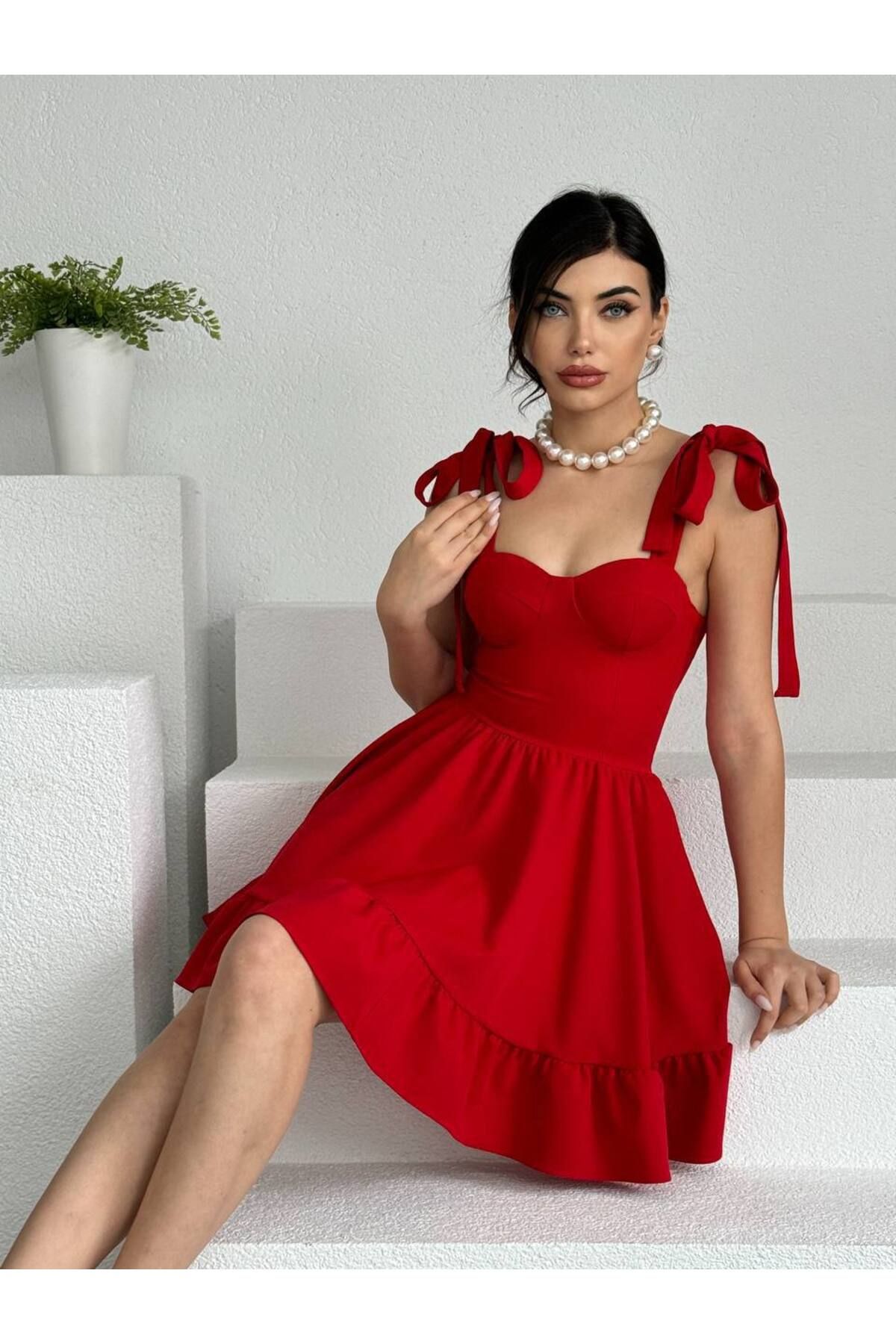 Zoe Zoe Kadın Straplez Yaka Mini Boy Omuz Baglamalı Yazlık Elbise