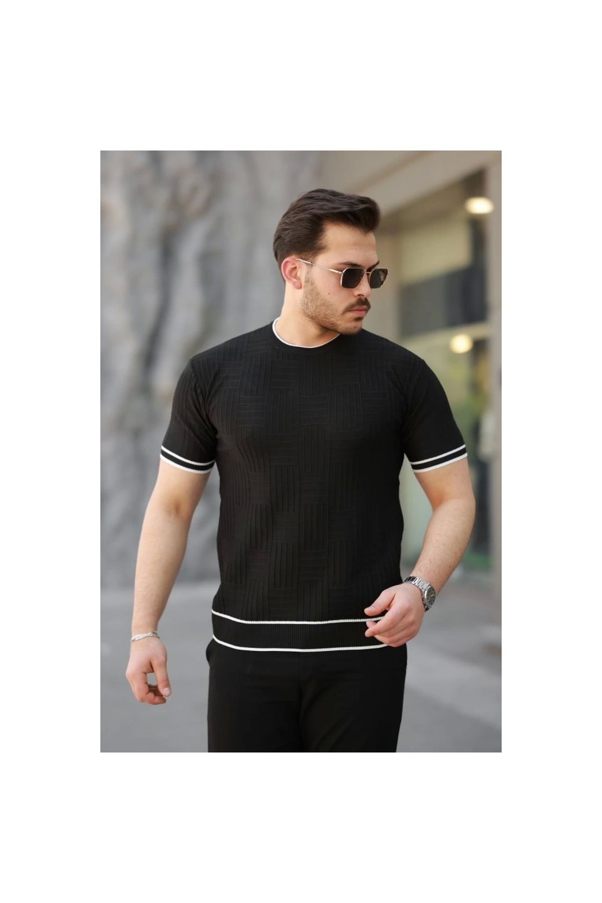 Marsilyan - Erkek Jakarlı Ribanalı Kısa Kollu Tshirt