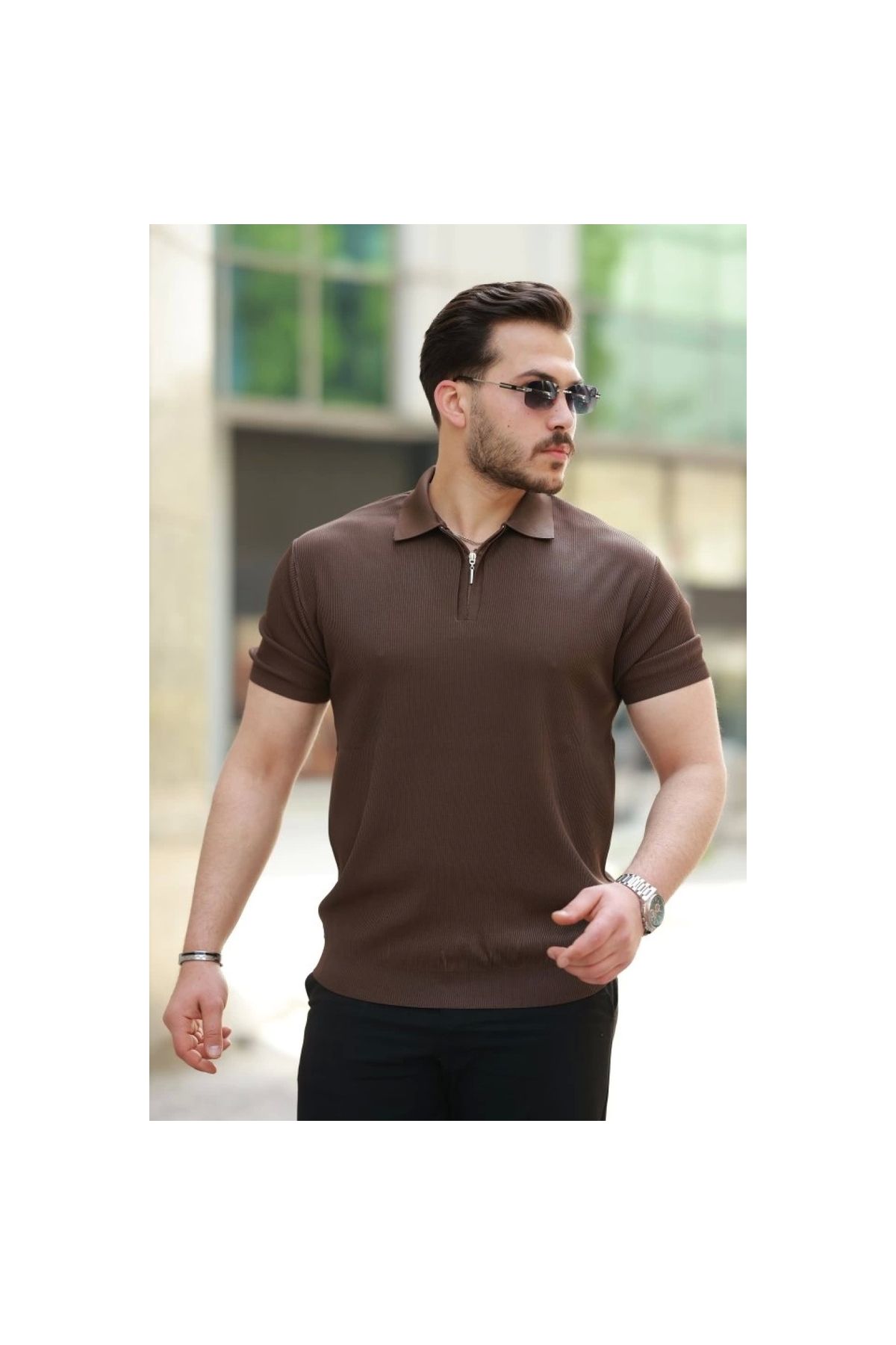 Marsilyan - Erkek Fermuarlı Yakalı Kısa Kollu Tshirt