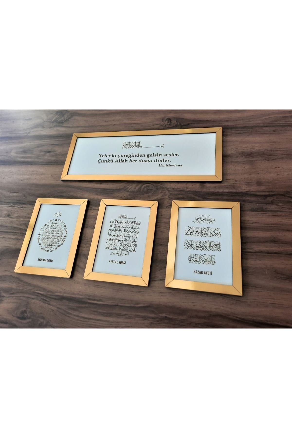 Saatistan Dörtlü Duvar Panosu Seti, Ayetel Kürsü, Nazar Ayeti, Bereket Duası, Gold/Beyaz