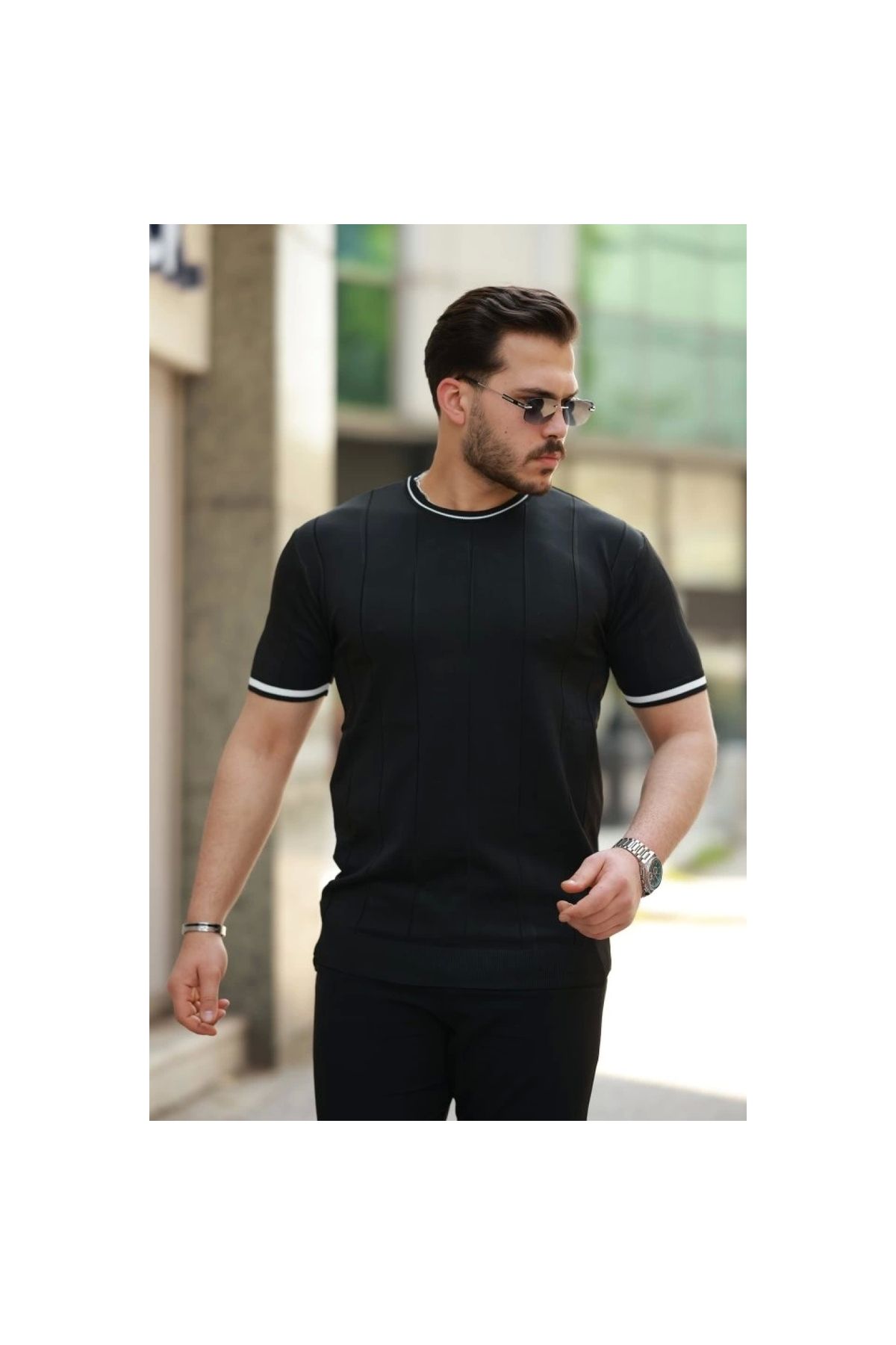 Marsilyan - Erkek Bisiklet Yaka çizgi Desenli Ribanalı Kısa Kollu Tshirt