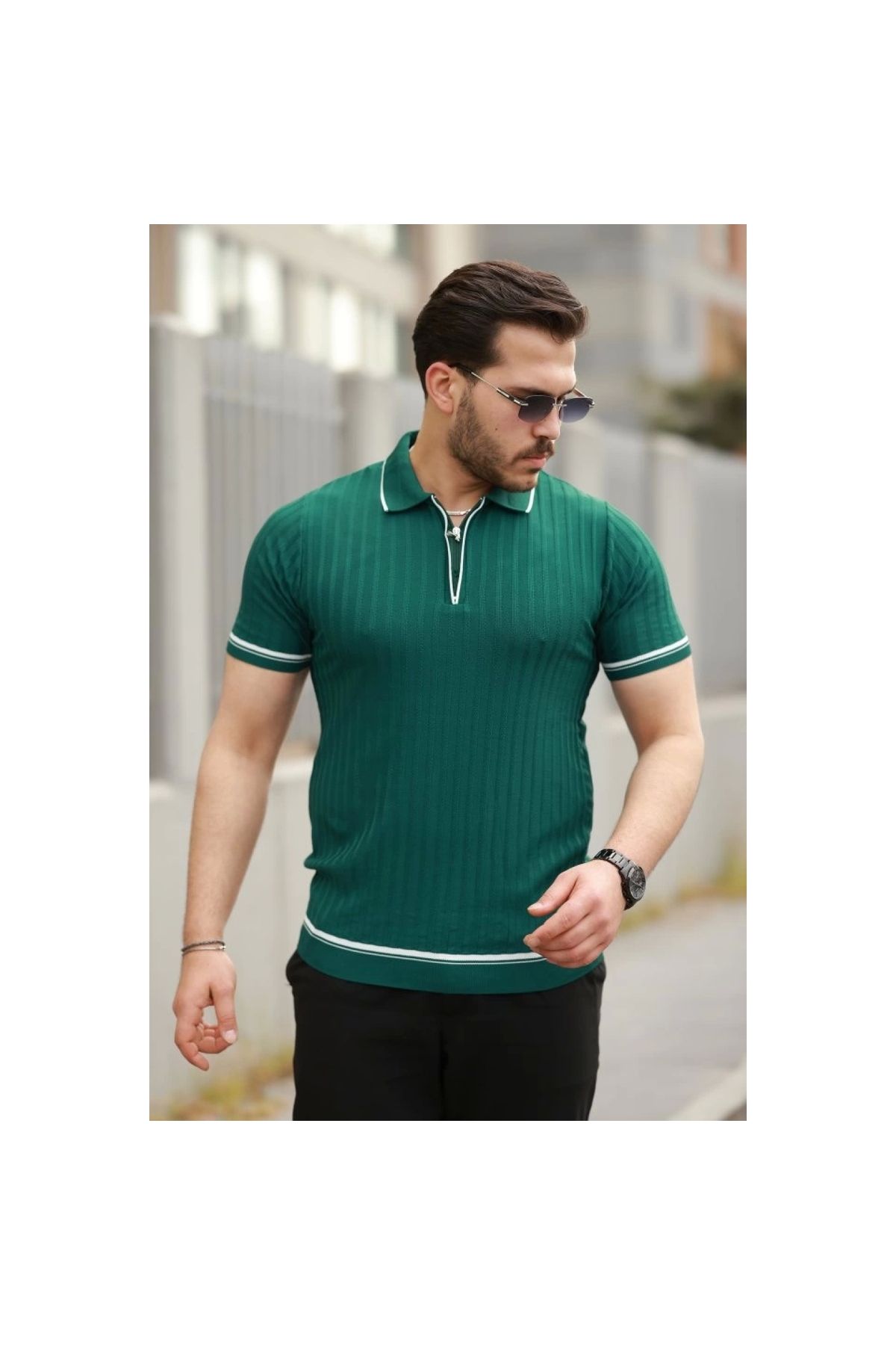 Marsilyan - Erkek Fermuarlı Yakalı Kısa Kollu Tshirt