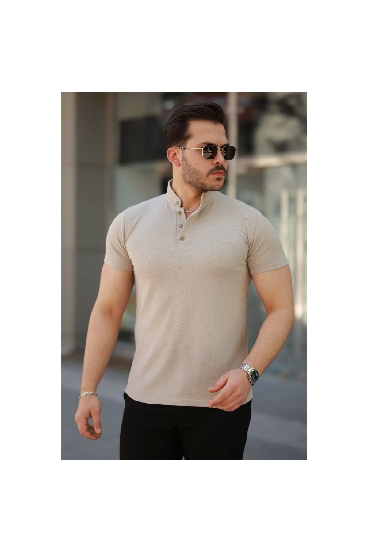 Marsilyan - Erkek Hakim Yaka Dokuma Pamuklu Kumaş Kısa Kollu Tshirt