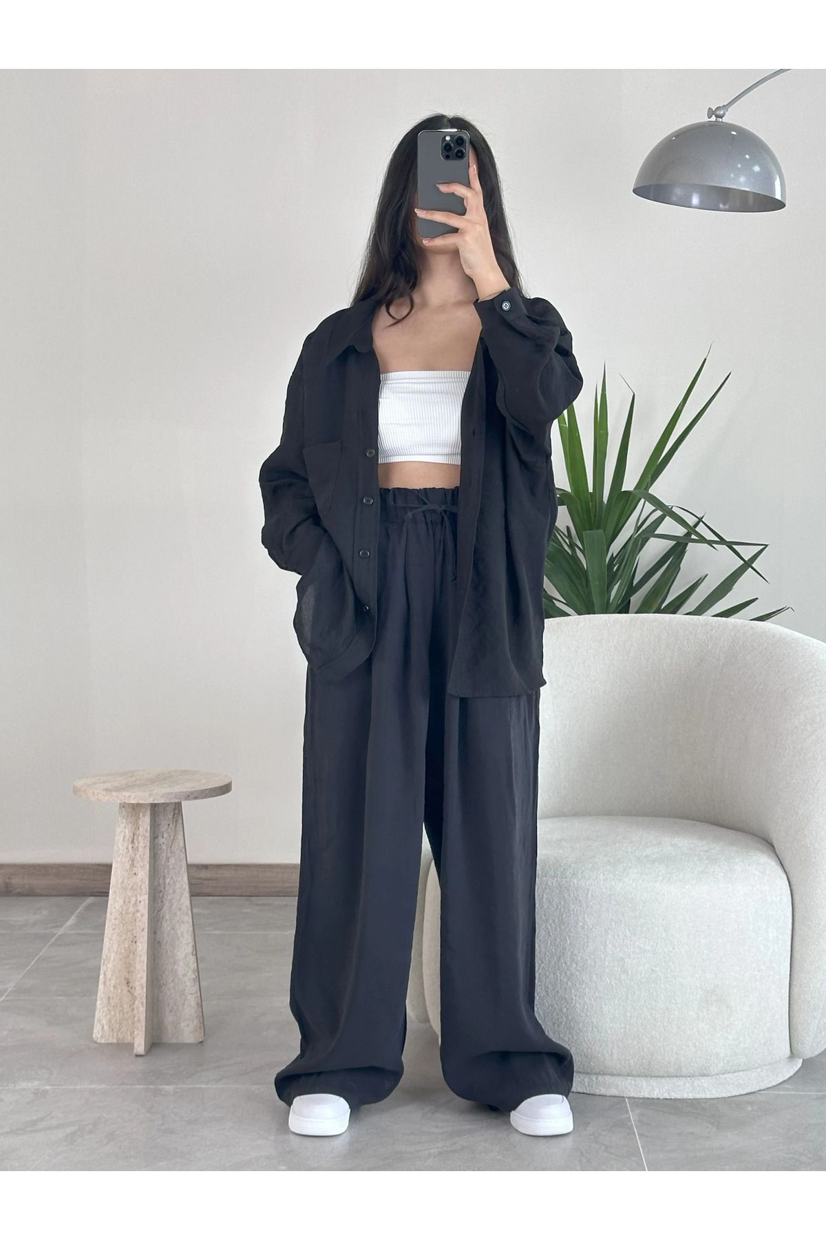 Kyra Studios Siyah Oversize Gömlek ve Lastikli Pantolon Takım 1020