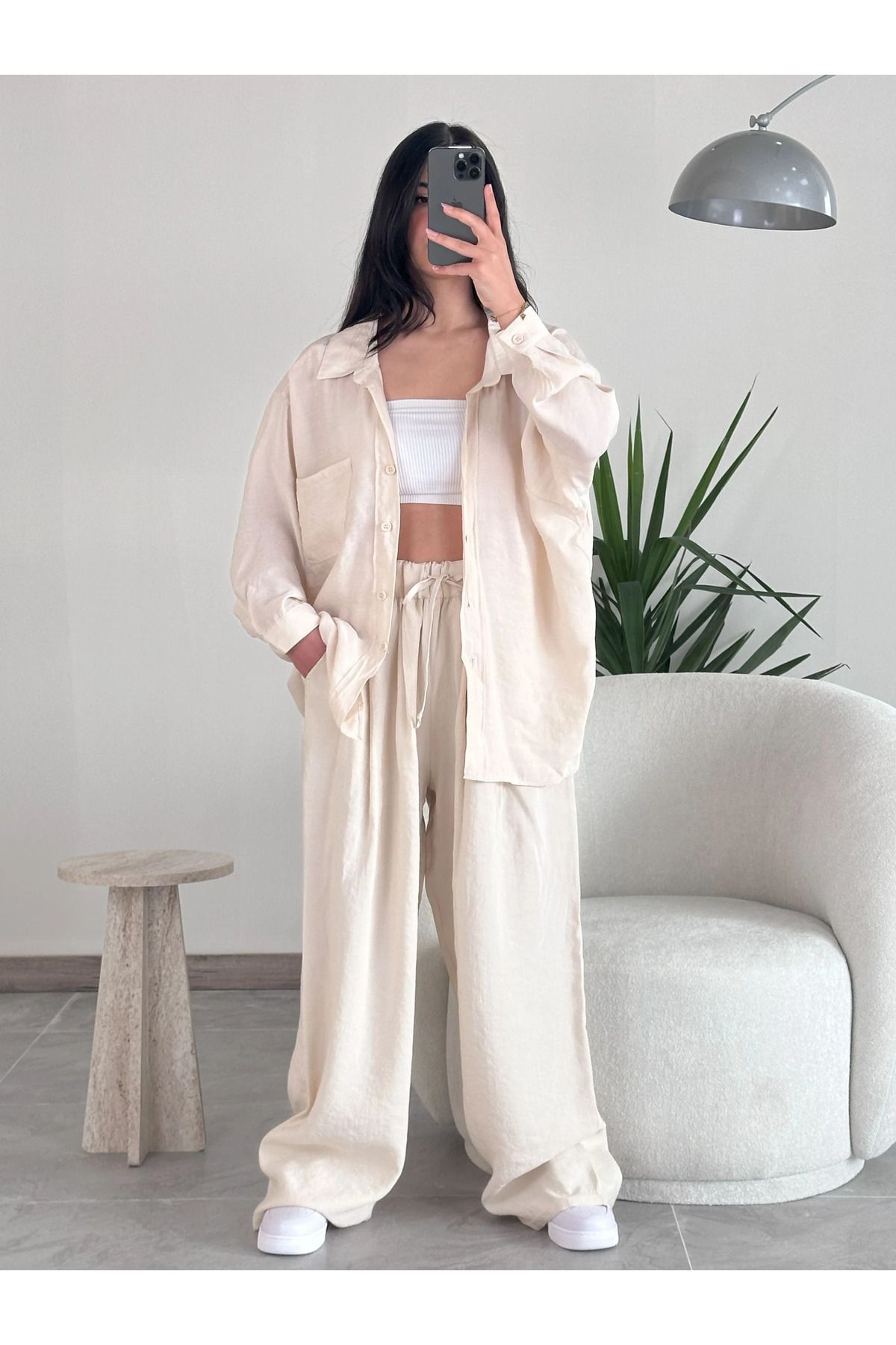 Kyra Studios Krem Oversize Gömlek ve Lastikli Pantolon Takım 1020