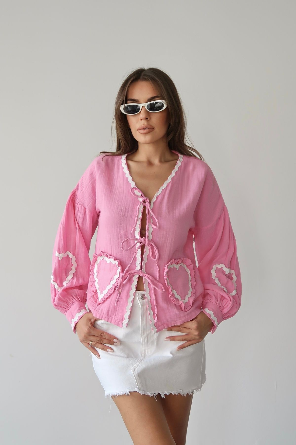 Lusin Kadın Pembe Uzun Kol Bağlama Detaylı %100 Pamuk Premium Müslin Bluz Gömlek