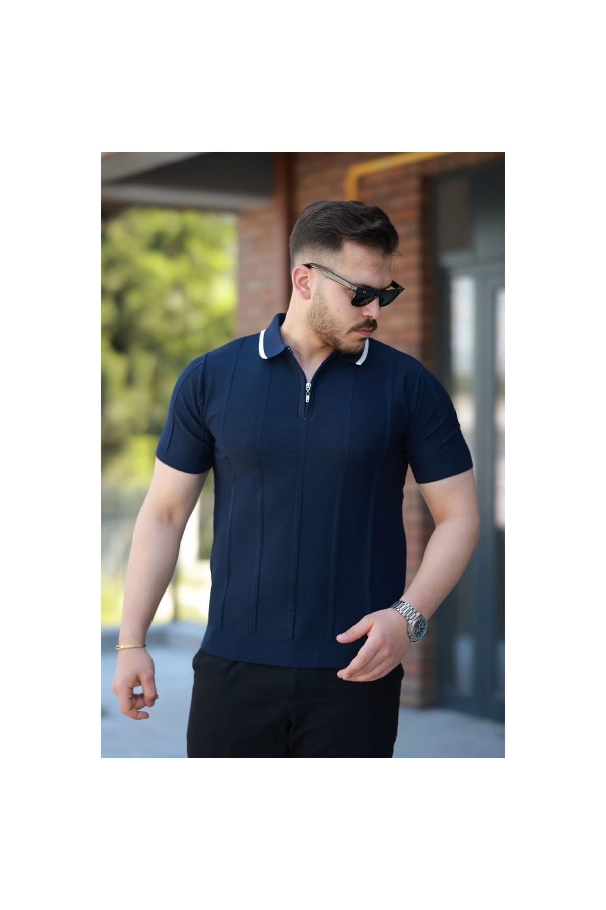 Marsilyan - Erkek Yakalı Fermuarlı Kısa Kollu Tshirt