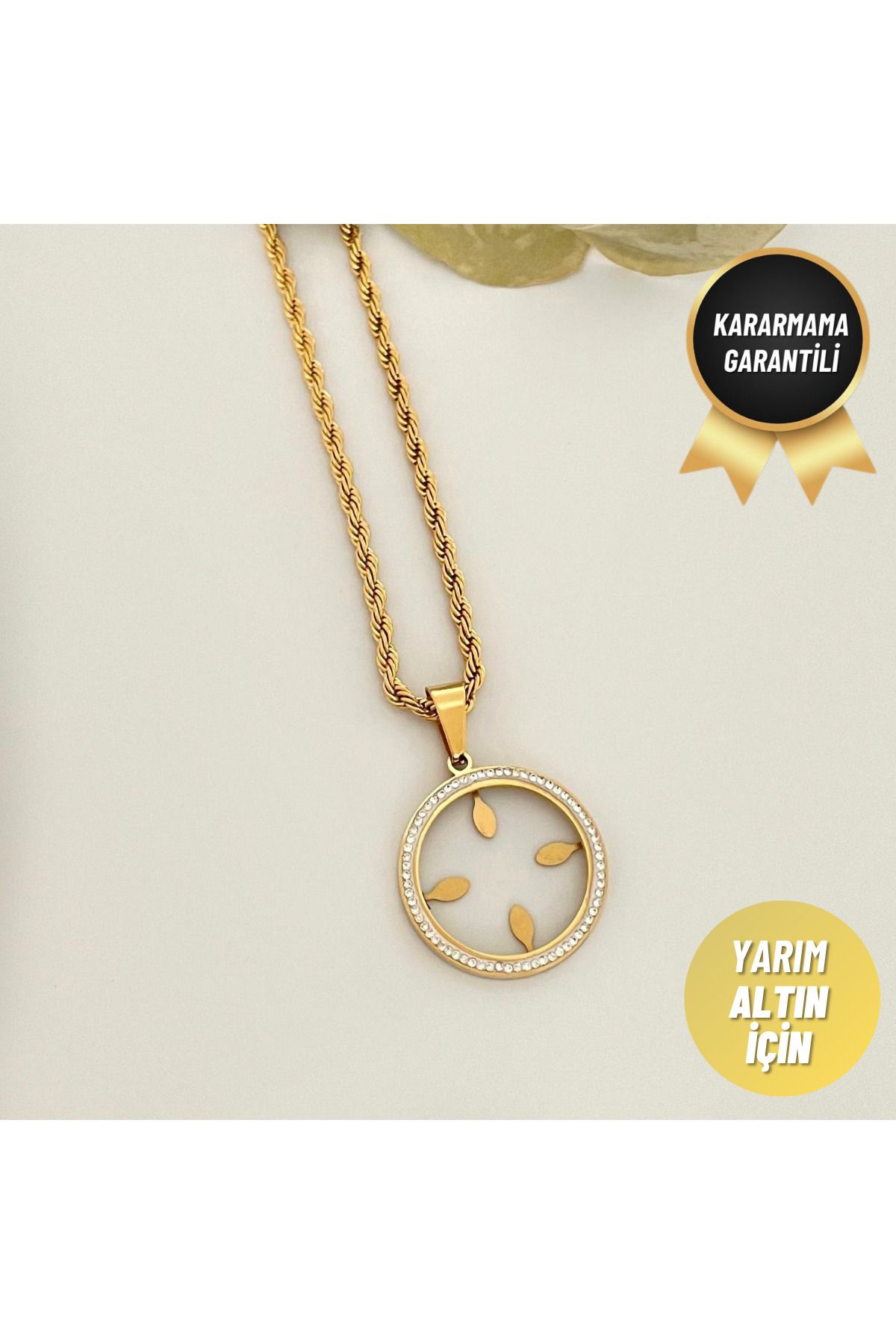 nerora Kararmaz Çelik Gold Taşlı Yarım Altın Burgu Zincir Kolye 22 Ayar Altın Kaplama