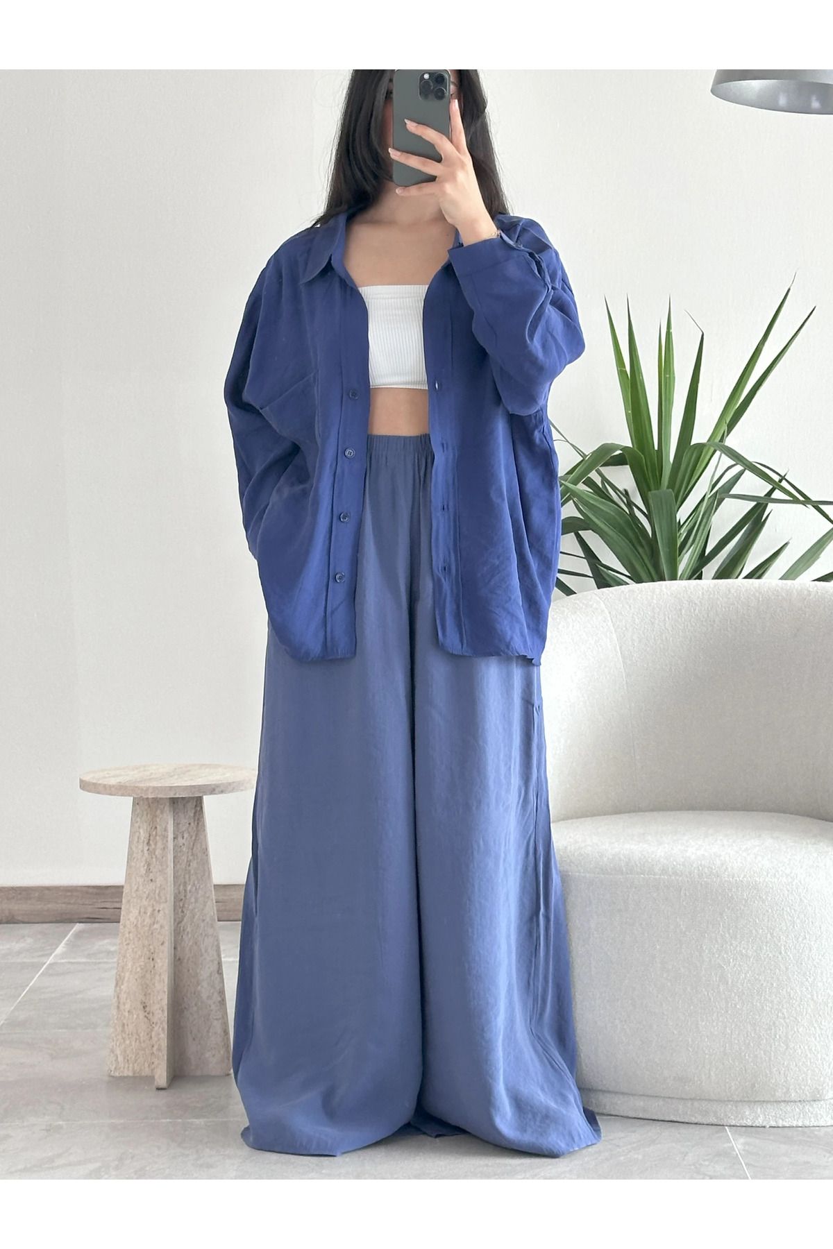 Kyra Studios Lacivert Oversize Gömlek ve Lastikli Pantolon Takım 1020