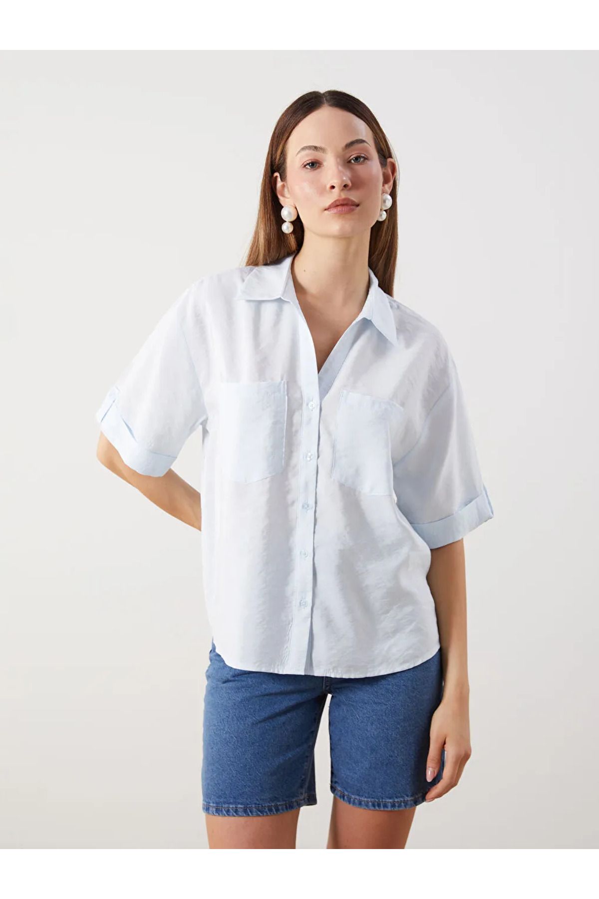 LC Waikiki LCW Comfort Mavi Modal Karışımlı Oversize Kadın Gömlek
