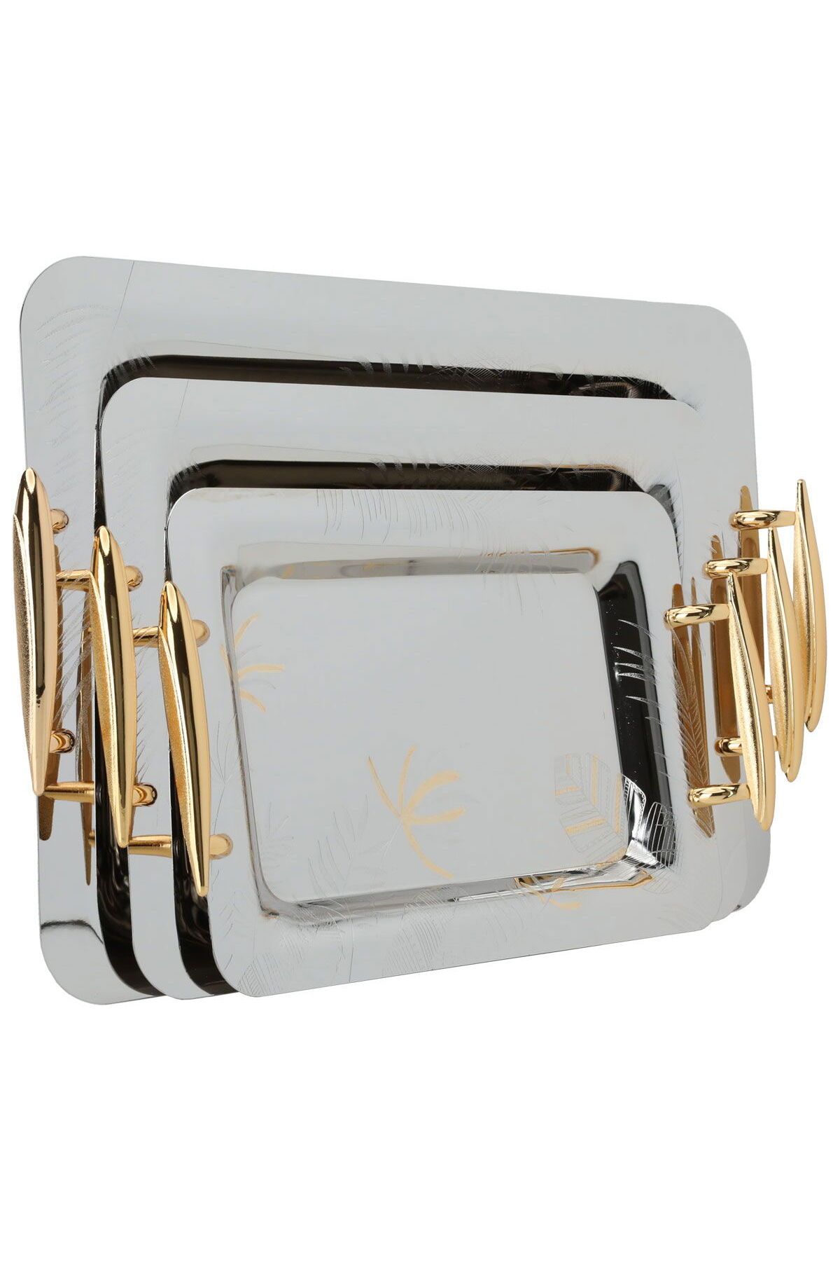 Alsaif Gallery-Steel Serving Tray Set with Golden Handle Alsaif Gallery, 3 Pieces, Rectangular, Engraved - Silver 2