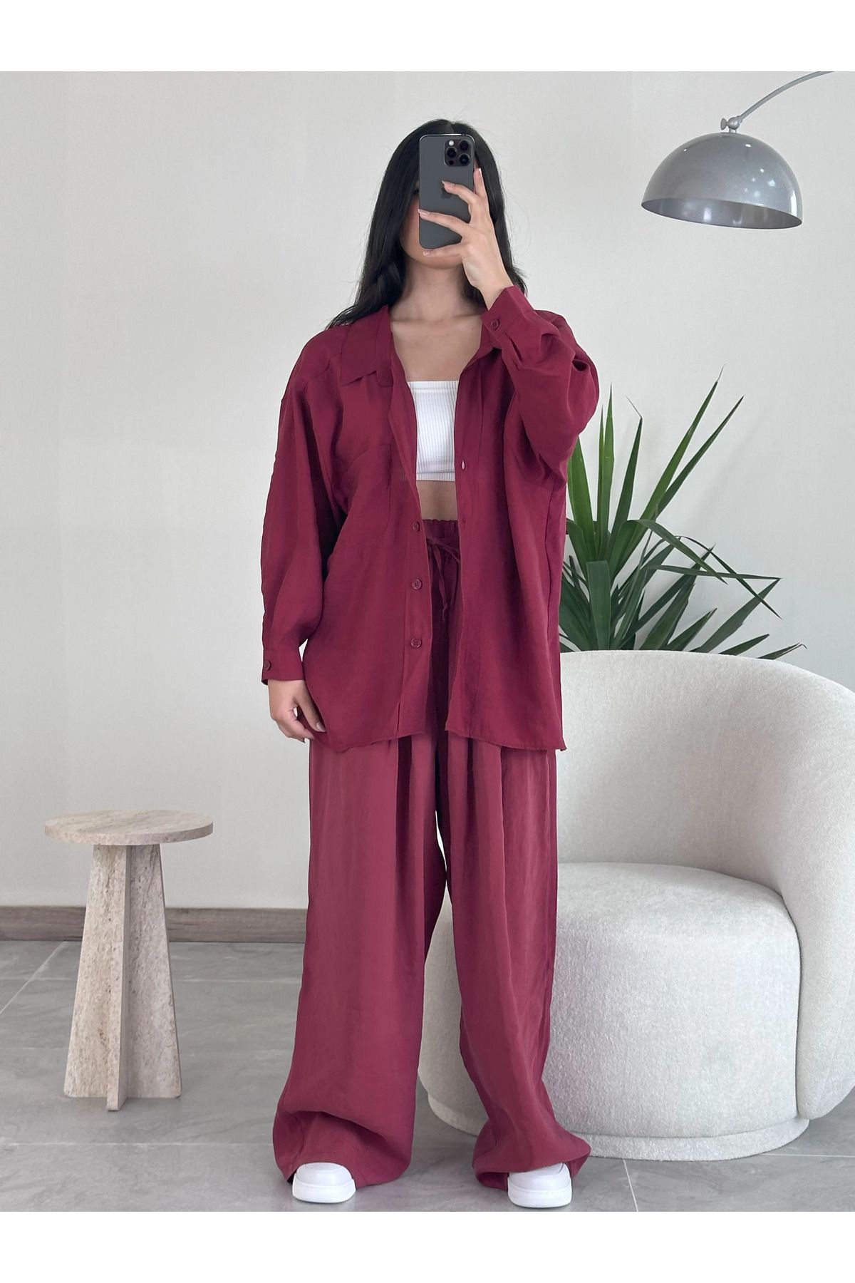 Kyra Studios Bordo Oversize Gömlek ve Lastikli Pantolon Takım 1020