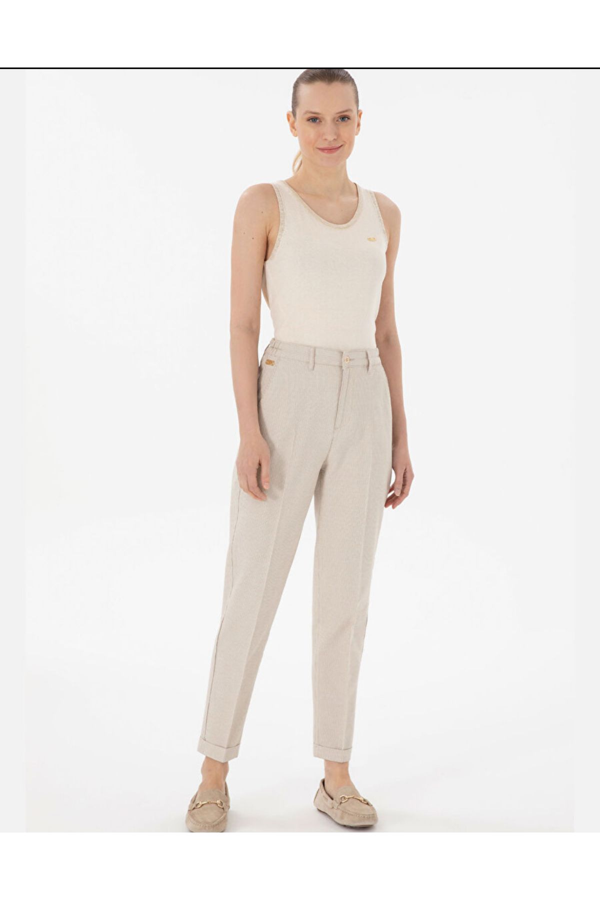 U.S. Polo Assn. U.S. Polo Assn. Haki Kadın Çizgili Keten Karışımlı Carrot Fit Kanvas Pantolon DMK.2185010EGON25Y.