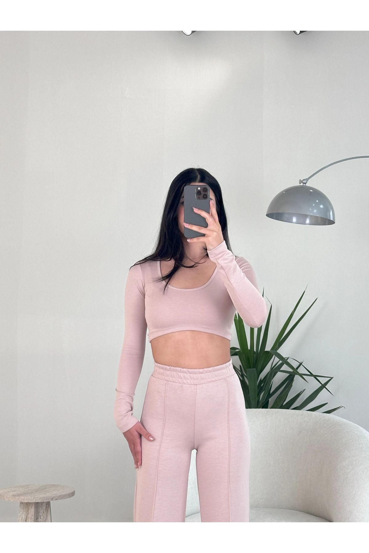 Kyra Studios Pudra Uzun Kollu Crop-top Takım 4010
