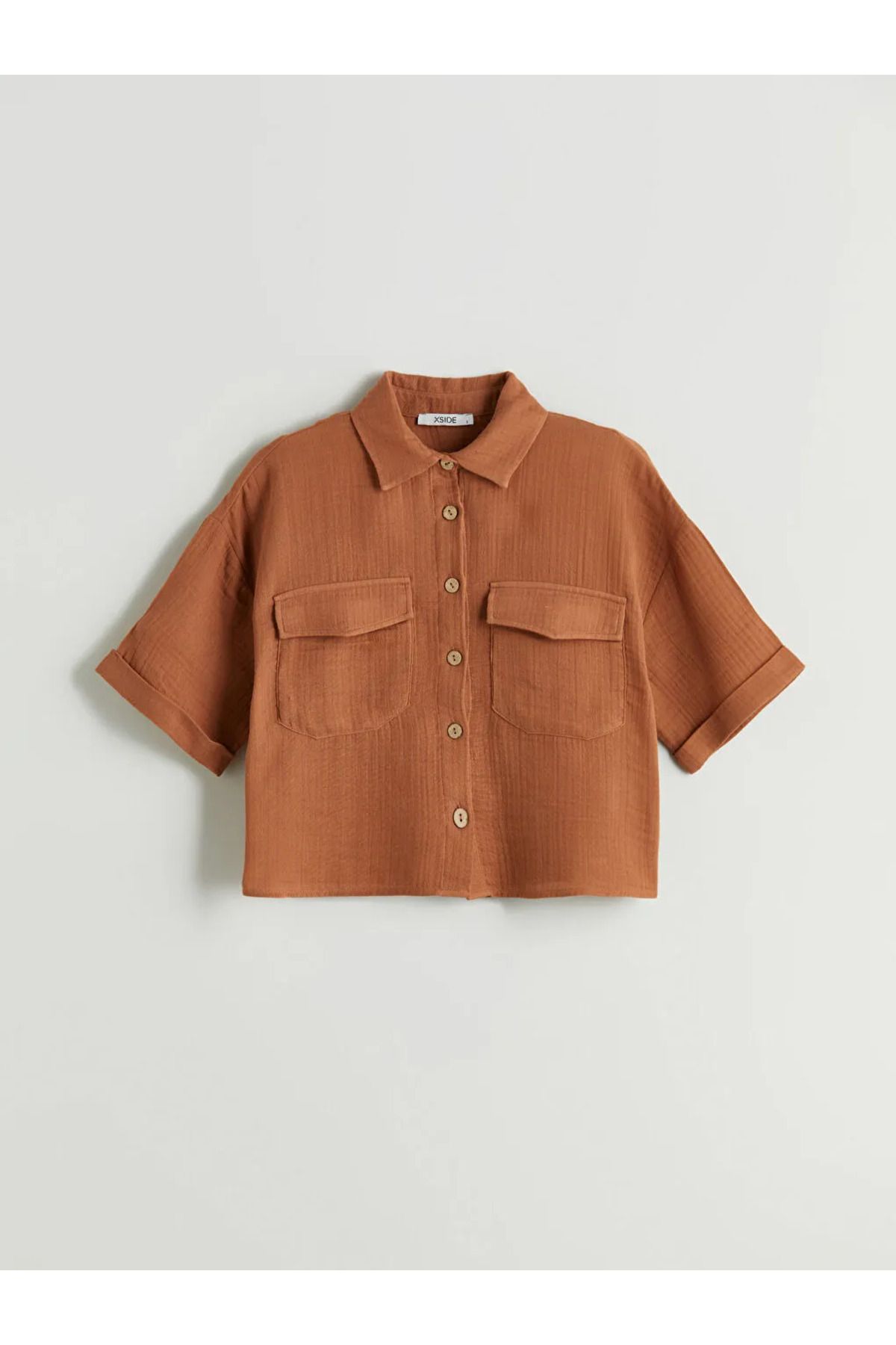 LC Waikiki XSIDE Bej Crop Keten Görünümlü Kadın Gömlek