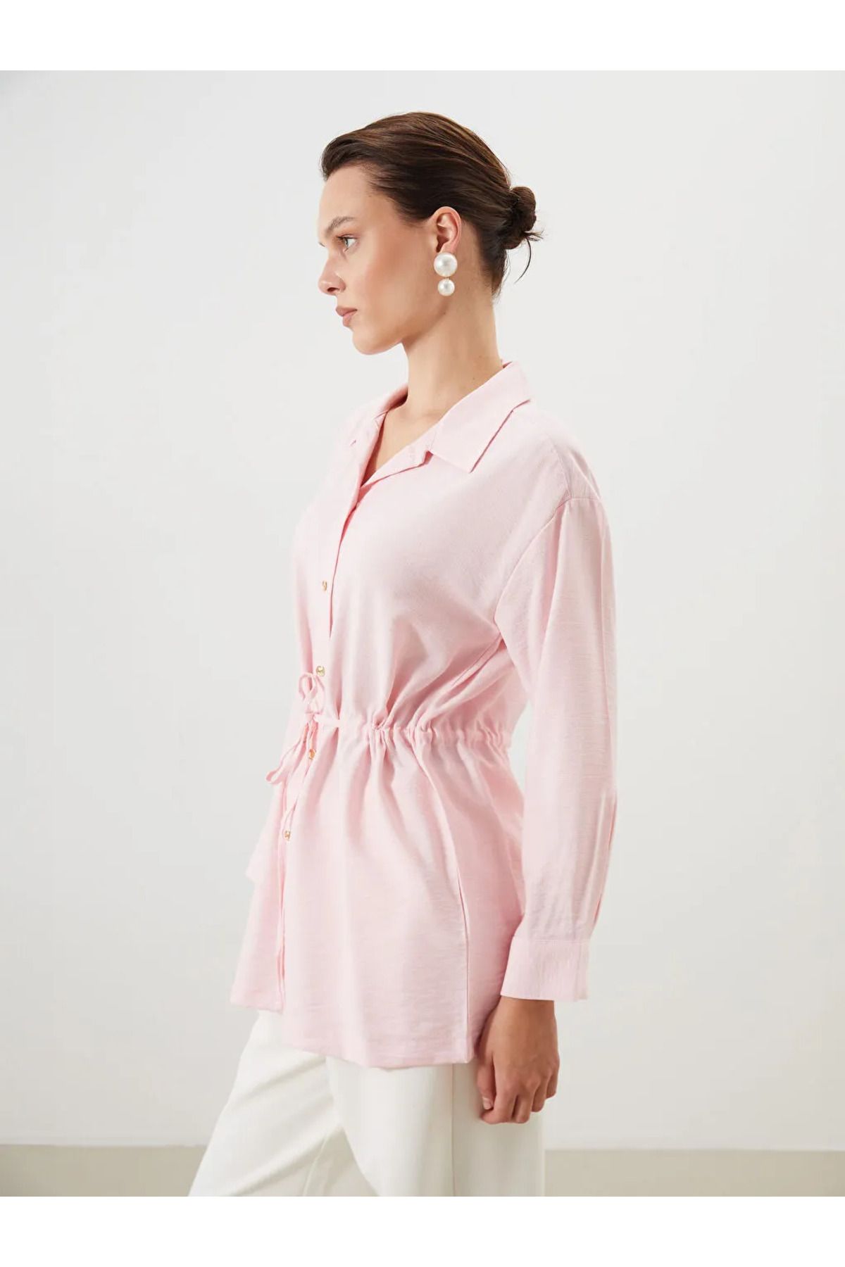 LC Waikiki LCW Modest Pembe Bağcıklı Kadın Gömlek Tunik