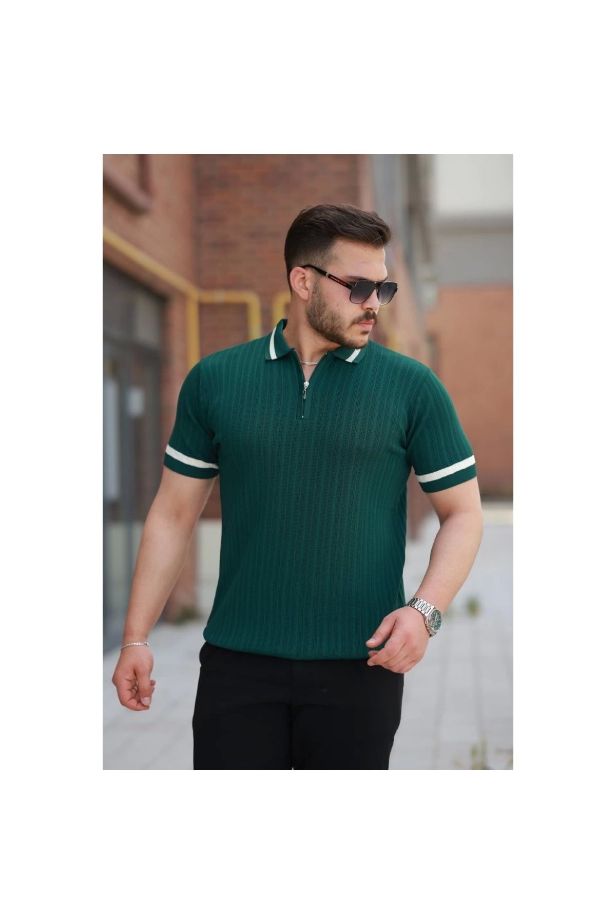Marsilyan - Erkek Yaka Ve Kolları çizgi Detaylı Fermuarlı Kısa Kollu T-shirt