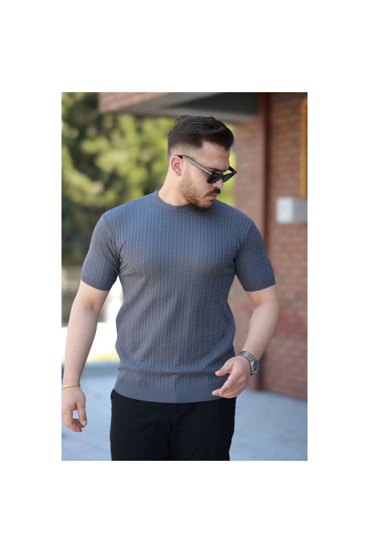 Marsilyan - Erkek Bisiklet Yaka örgü Desenli Kısa örme Triko Kısa Kollu Tshirt